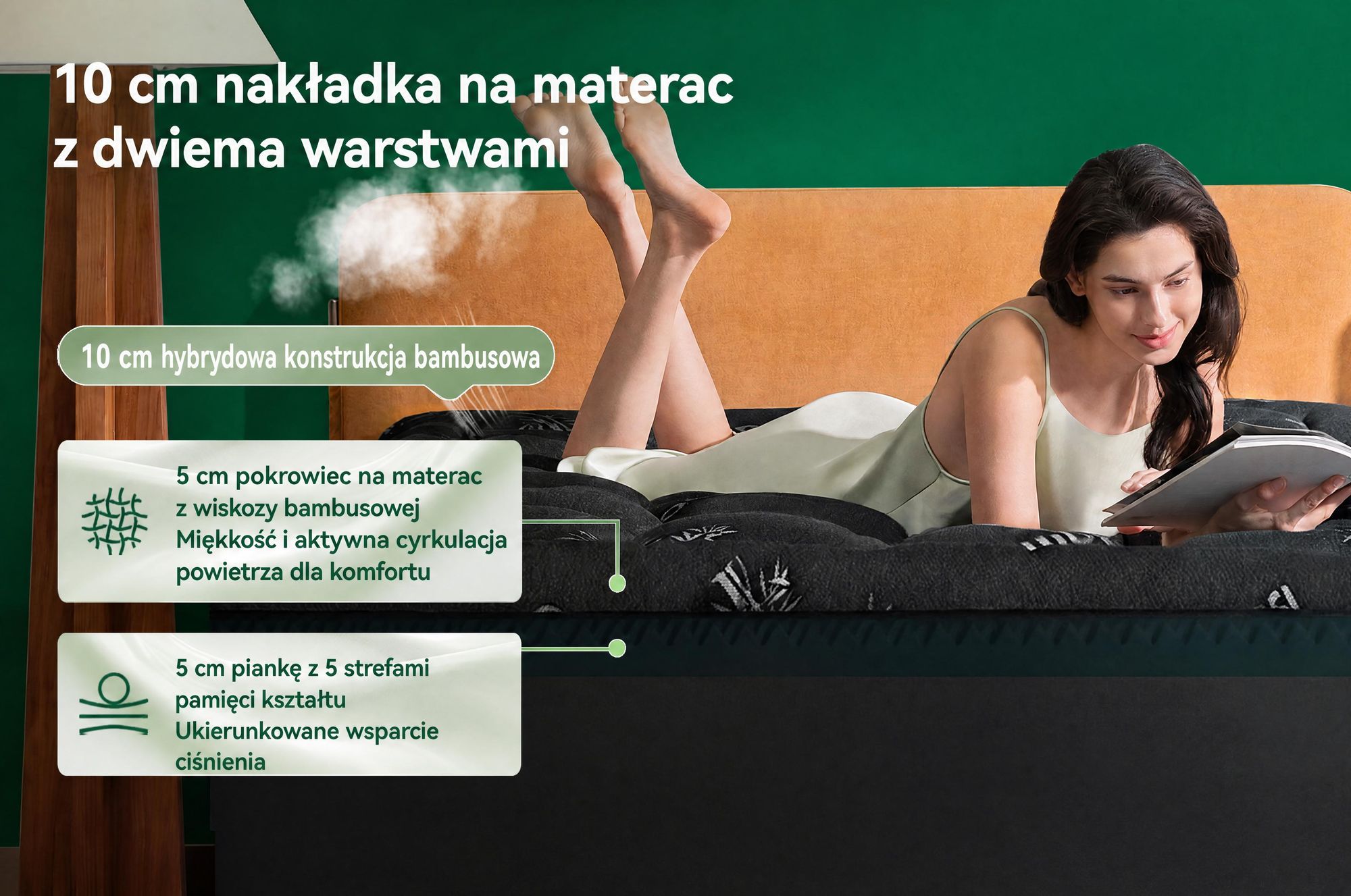 NicePlus, materac kieszeniowy 2 w 1, 90x200x10 cm, 5-strefowa pianka memory + warstwa bambusowa, z gumkami narożnymi pasującymi do wszystkich materacy, twardość H2/H3, kolor: czarny