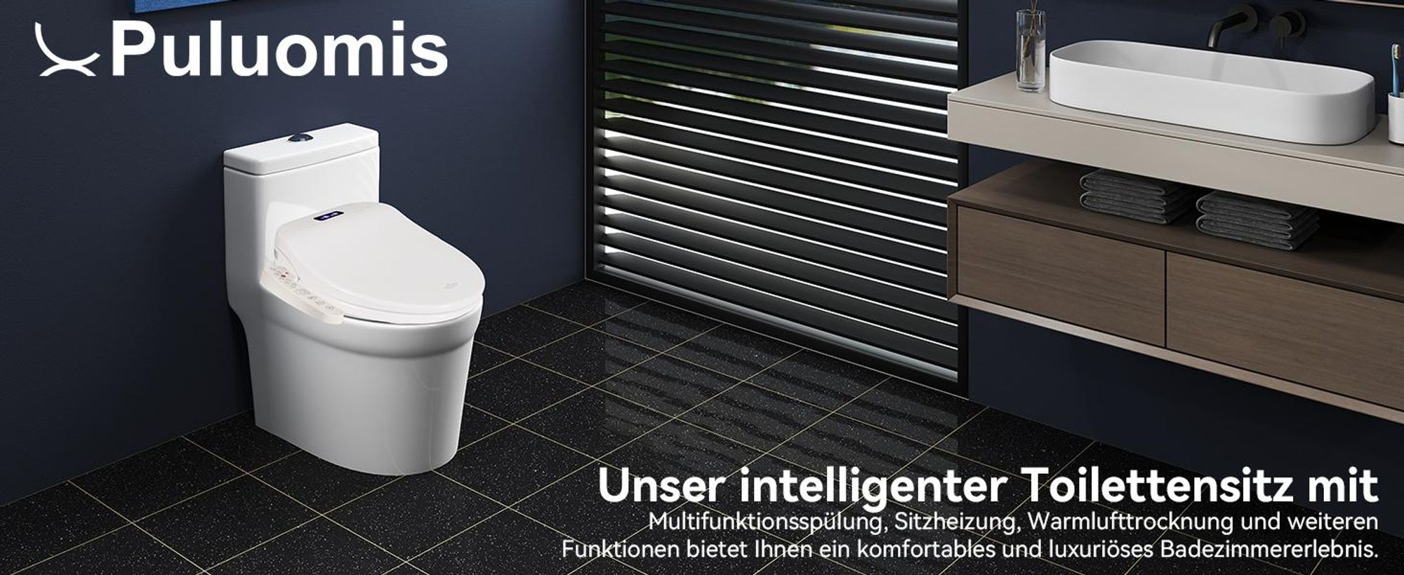 Puluomis Intelligenter Toilettensitz mit Warmluft & Heizsitz, Selbstreinigende Bidet-Funktion, 3-Temperaturstufen, LCD Display, Dämpfungsdesign kurz
