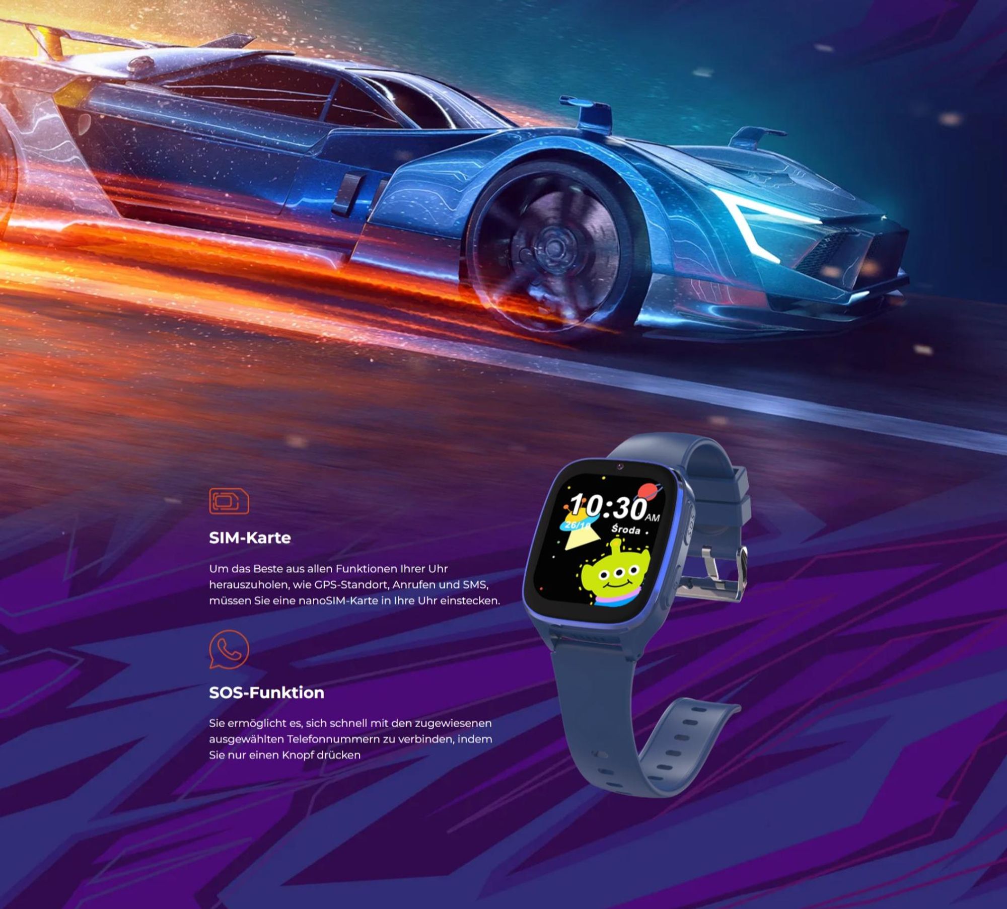 Smartwatch Kiano Watch KID 4G LTE Speed - Kinderuhr mit blauem Armband | Uhr mit Zifferblatt mit Märchenmotiven | GPS, AGPS, LBS, WIFI