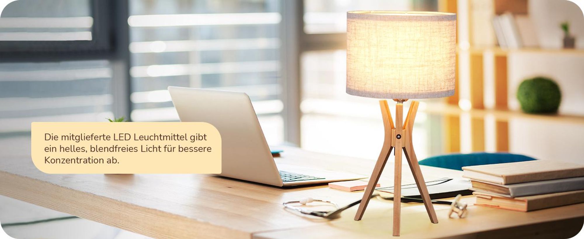 EDISHINE Nachttischlampe Holz, LED Tischlampe mit Leinen Lampenschirm, Beige