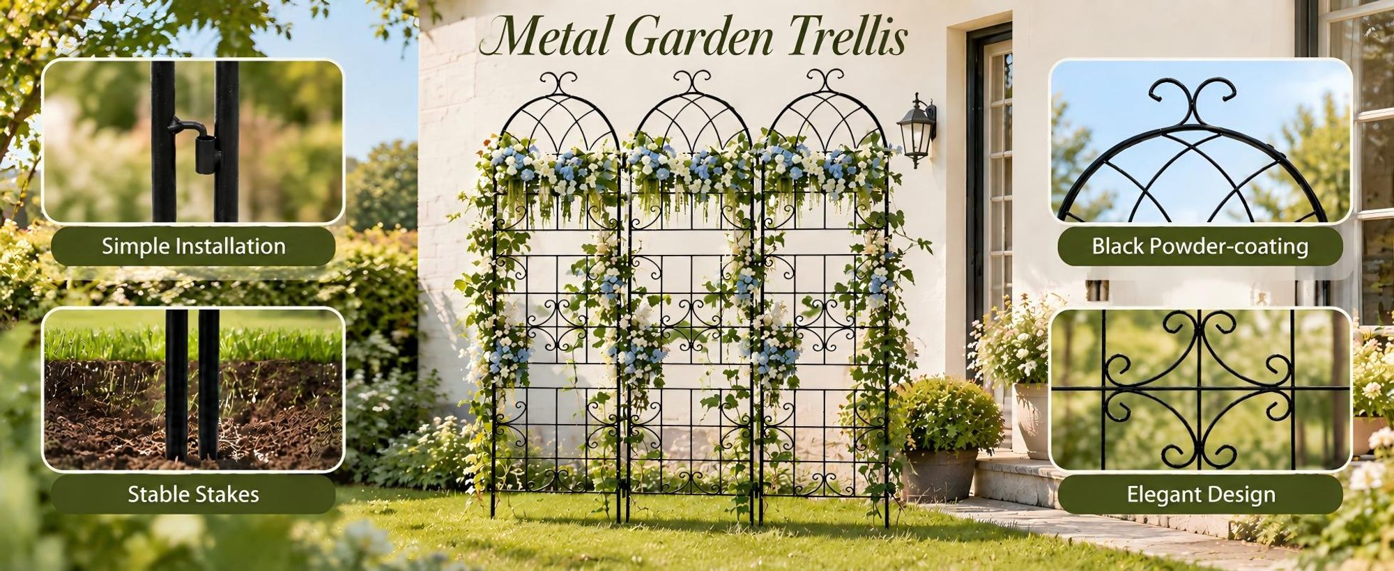 WISFOR Rankgitter Metall 3er Set, 220 cm Rankhilfe zum Stecken, Metallspalier für Kletterpflanzen & Rosen, 148 cm