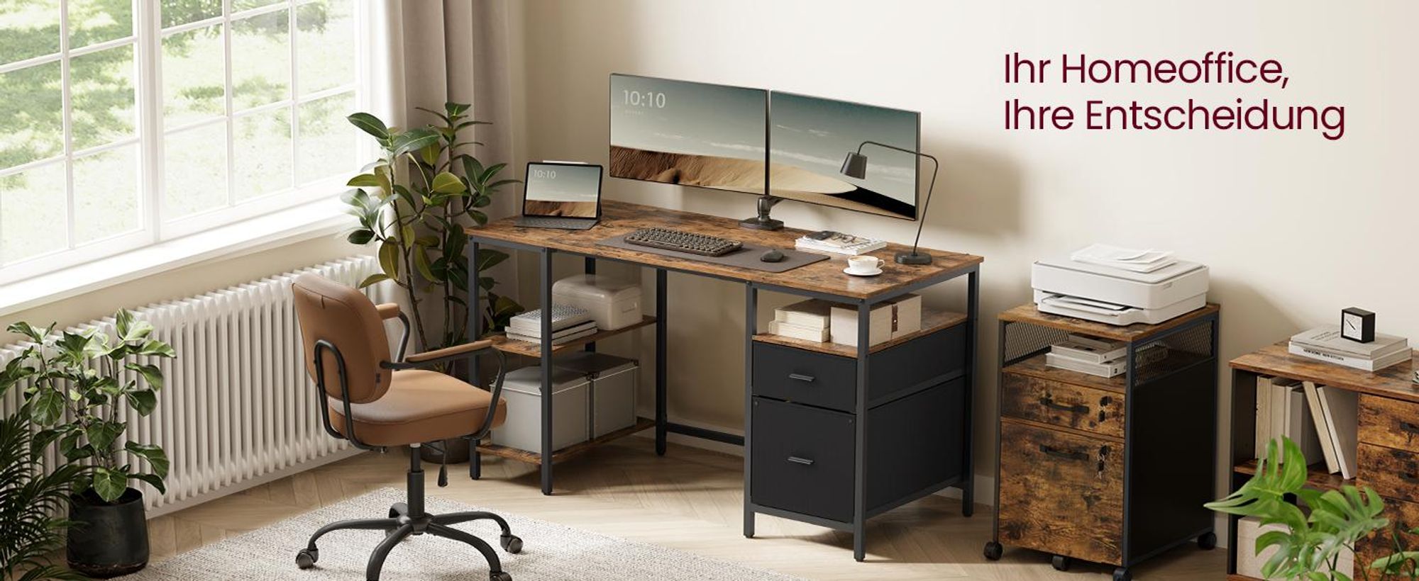 VASAGLE Schreibtisch mit 3 Ablagen, Bürotisch mit 2 Schubladen, 140 x 60 x 76 cm, Industrie-Stil, schwarz