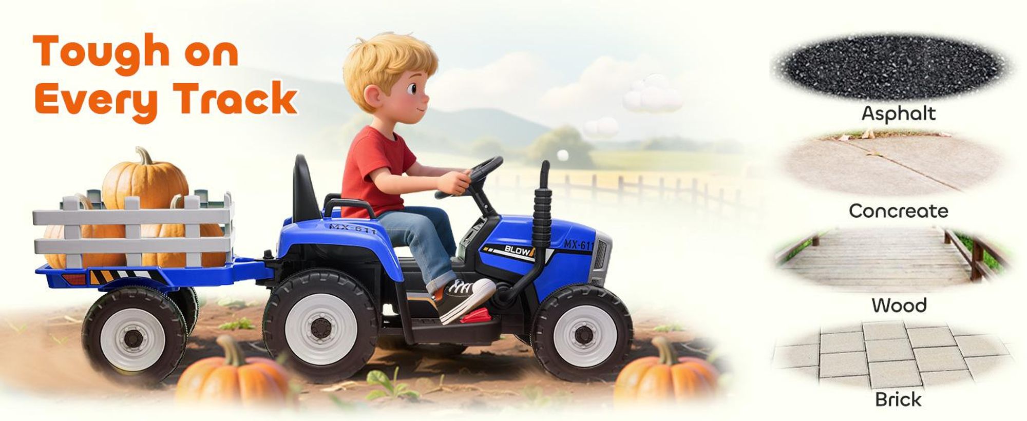 Elektryczny traktor HOMCOM z przyczepą, 12 V, dziecięcy traktorek z pilotem 2.4G, 2 silnikami, muzyką, klaksonem i funkcją USB, elektryczny samochodzik dla dzieci w wieku 3-6 lat, niebieski