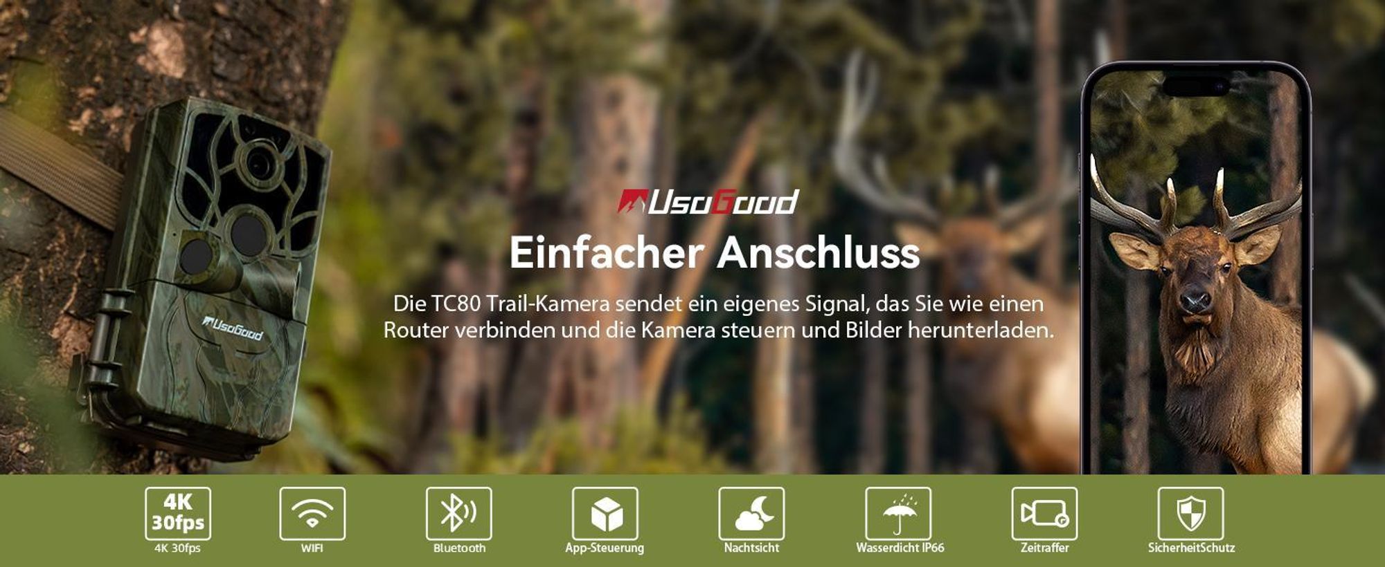 Wildkamera WLAN 4K 48MP mit 32GB Speicherkarte, Wildtierkamera mit Nachtsicht, IP66