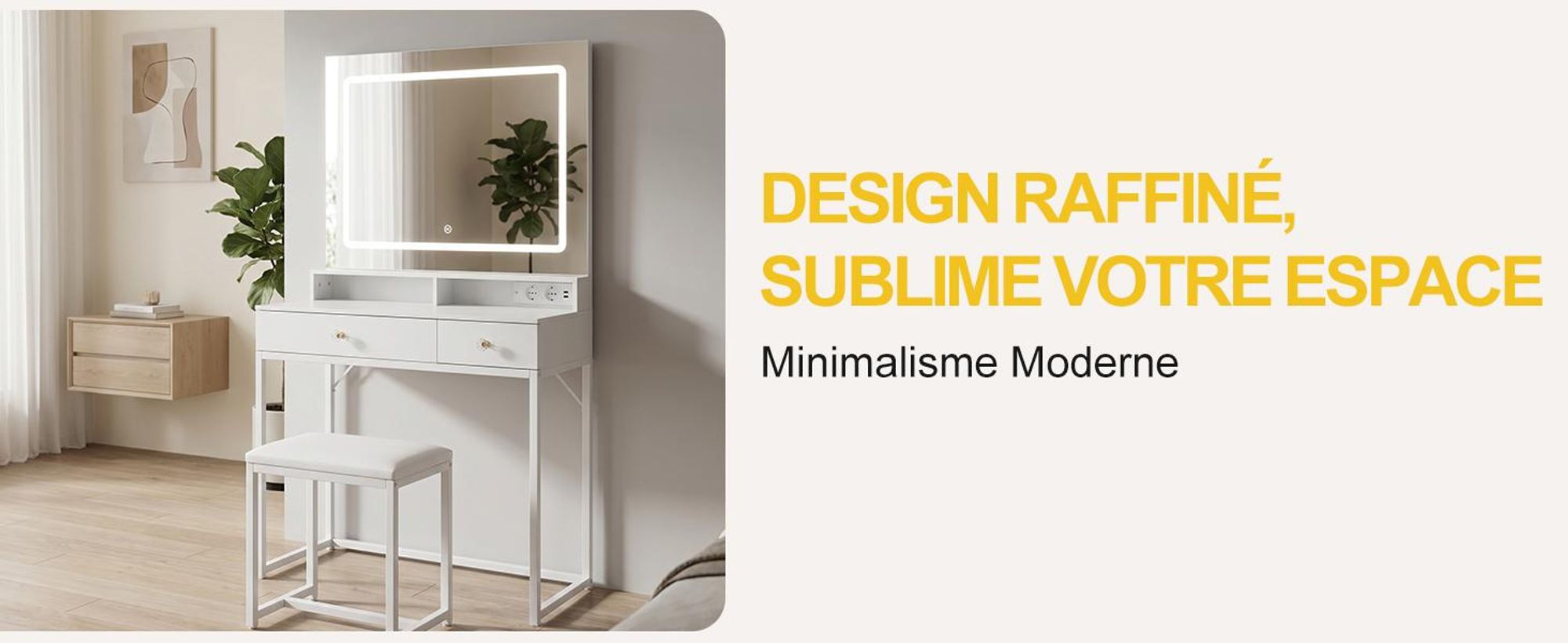 Coiffeuse avec Miroir et Tabouret avec Éclairage LED et Prise  3 Couleurs de Lumière Réglables, 2 Tiroirs, Panneau en Bois Composite, 80×40×140cm