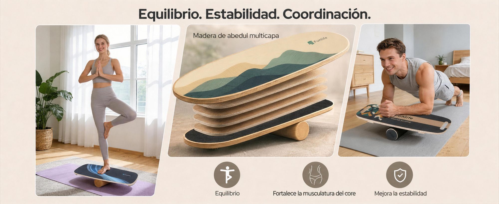 FunLife, tabla de equilibrio WAVE de madera de abedul con rodillo – entrenador de equilibrio para el fortalecimiento del core, la coordinación, y el entrenamiento de surf, skate y snowboard