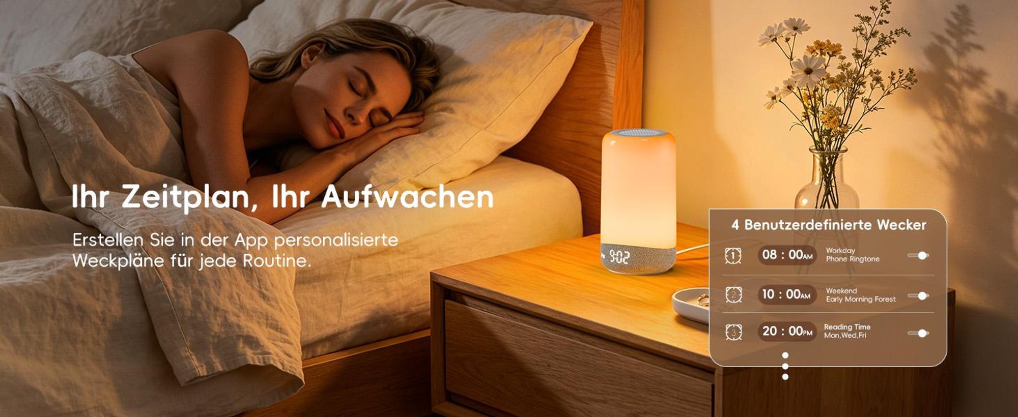 ecozy Tageslichtwecker 3-in-1 Lichtwecker Sonnenaufgangssimulation, Weißes Rauschen, Nachtlicht, mit 26 Klängen, 17 Lichteffekten und App-Steuerung