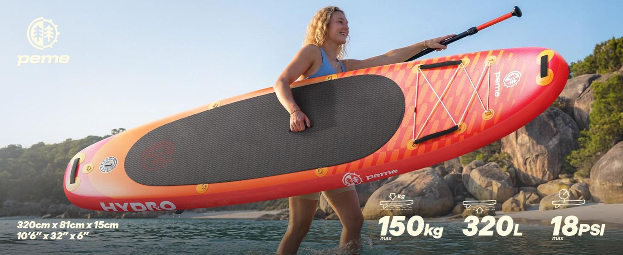 Planche de stand up paddle PEME - Orange coucher de soleil - 350 cm - Pagaie double et accessoires complets, SUP, planche de surf gonflable, jusqu'à 166 kg, - Rouge et orange