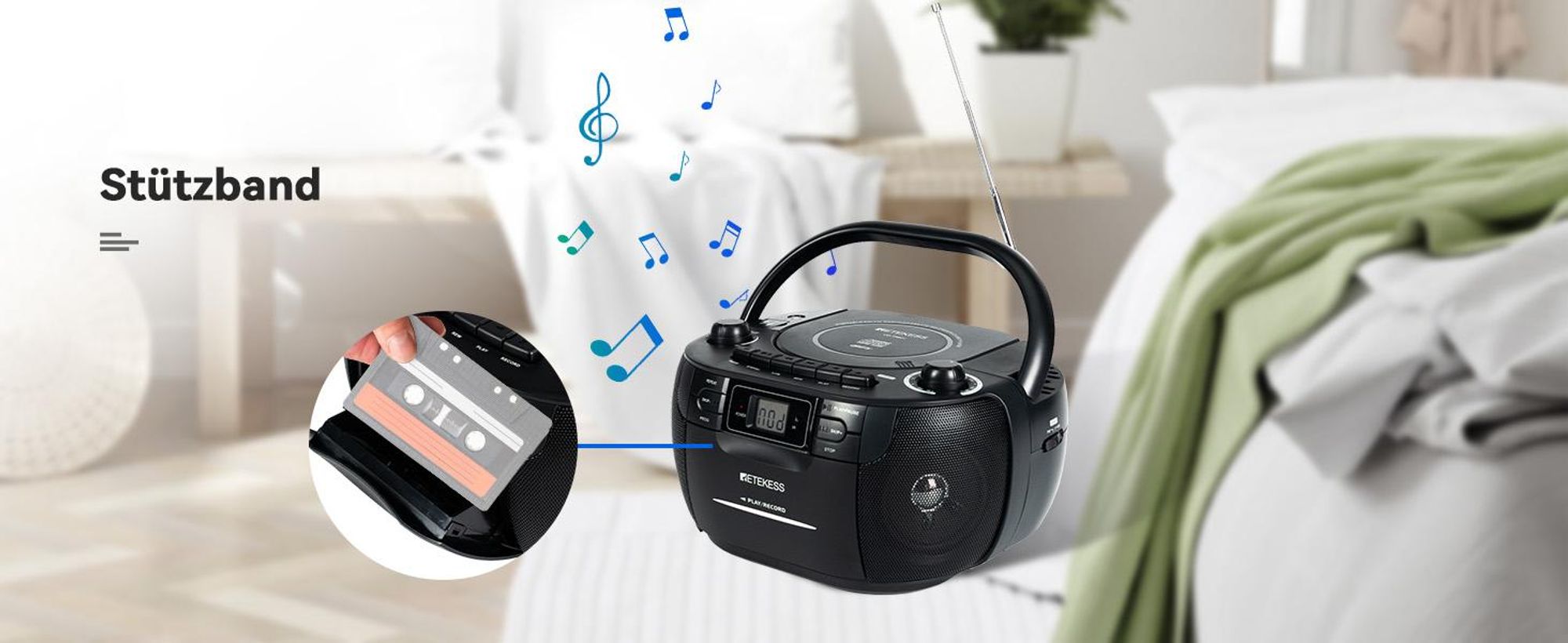 Retekess TR621 Tragbares CD Radio,Kassettenspieler CD,Stereo mit AM FM-Radio,Kassettenrekorder,Unterstützung von USB/TF/Kopfhörer, mit Fernbedienung