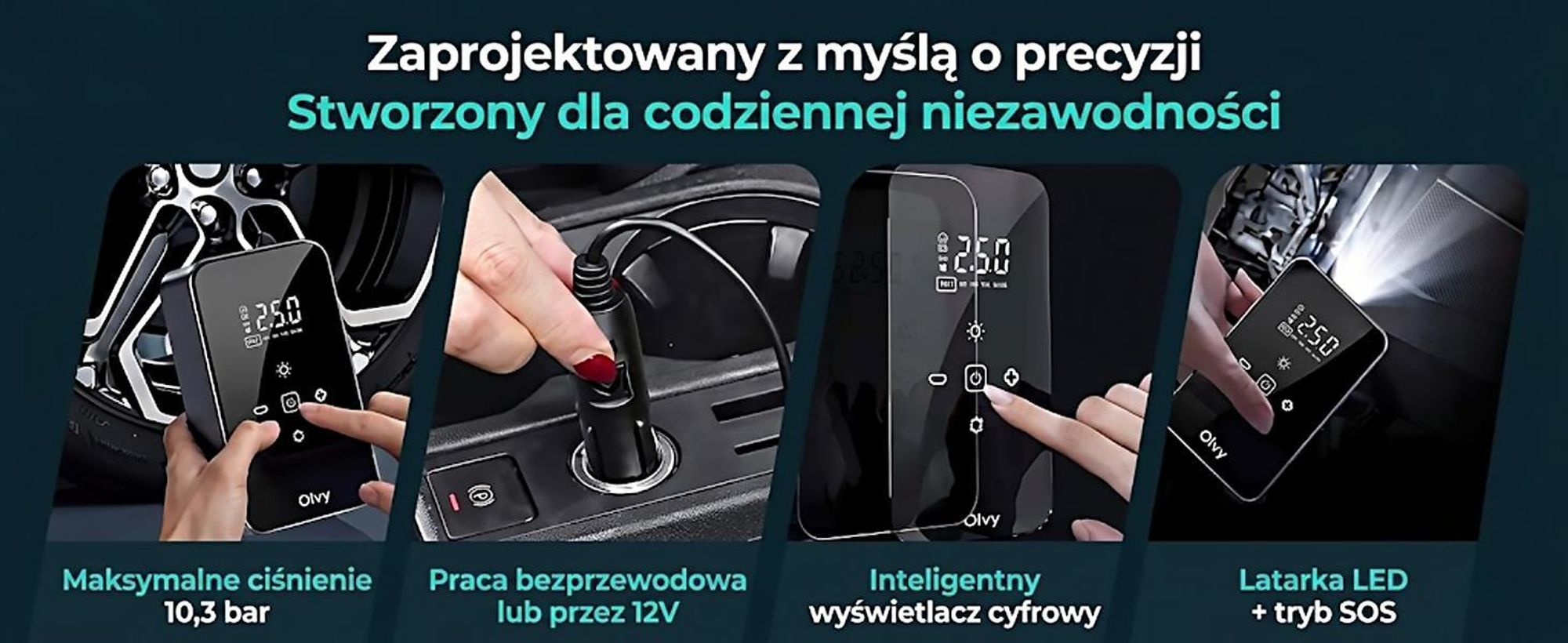 Olvy Elektryczna pompka powietrza z power bankiem 6000 mAh - 12V mini kompresor do samochodu, roweru, piłek, materacy dmuchanych, wyświetlacz, LED, automatyczne wyłączanie