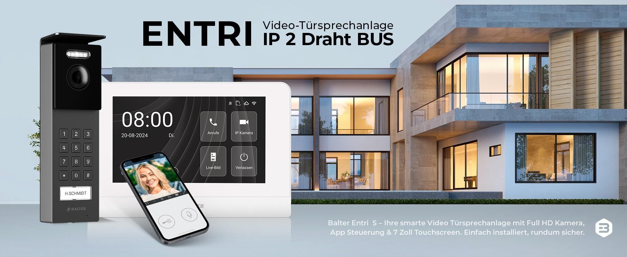 Entri S Video Türsprechanlage, Aufputz Türklingel mit Kamera, Smartphone App, 1 Familienhaus, Video Türklingel, 2x 7" HD-Monitor, Full HD Kamera