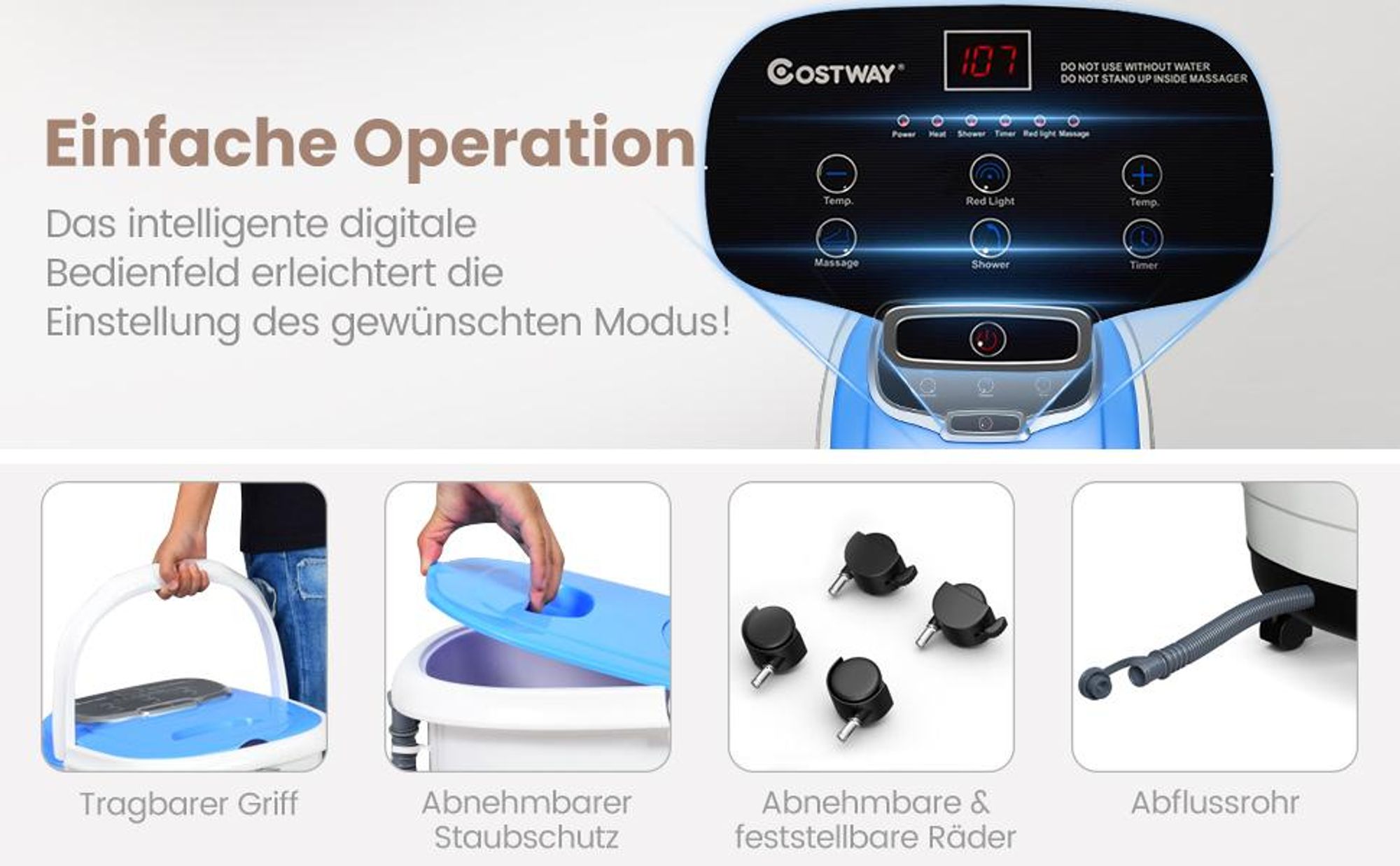 COSTWAY Fußsprudelbad 500W, Fußbad Shiatsu-Massagegerät mit 35-48℃ Heizung & Massagerollen, elektrische Fußbadewanne Fußmassage 10-60min Timer Grau