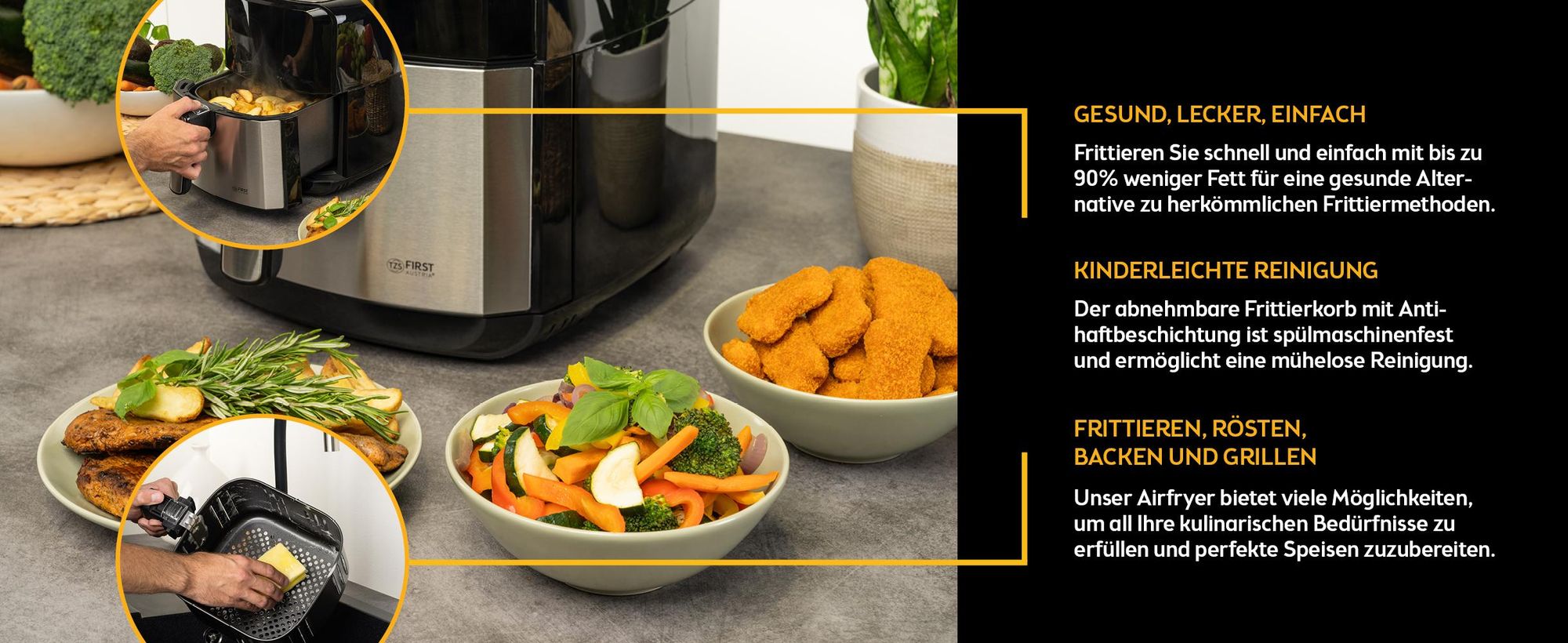 TZS First Austria Heißluftfritteuse 5L, 8 Programme, 1700W, Verzögerungstimer, Airfryer Ohne Öl & Fett, Edelstahlkorb, Kompaktfriteuse, Friteuse Heissluft Digital