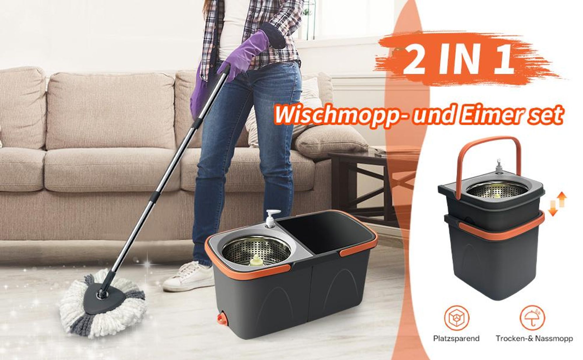 Wischmopp Set, Bodenwischer, Wischmop mit 360° Drehkopf Edelstahl-Teleskopstiel, 3 waschbaren Mikrofaser-Pads faltbarem Putzeimer mit Auswringfunktion