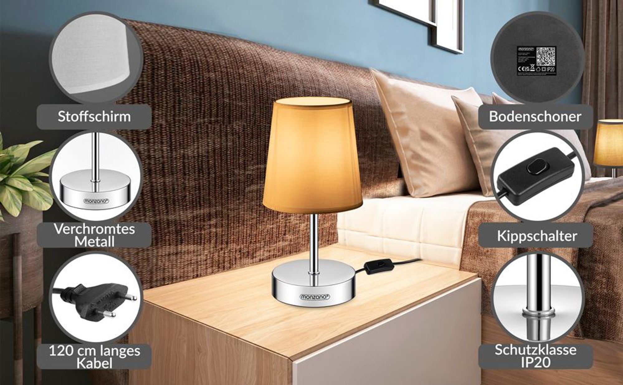 MONZANA Nachttischlampe, Tischlampe mit Kabel, 32 cm, Weiß