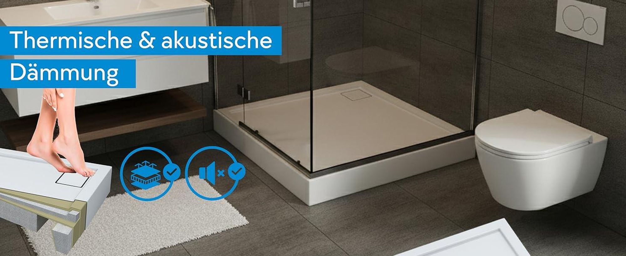 AQUABAD® Duschwanne Komplettset Finca LeakProtect® Smooth White 90x90cm Quadrat mit Ablaufgarnitur
