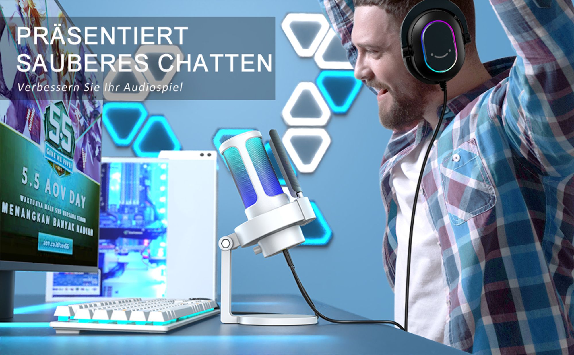 FIFINE  PC Microphone RGB Streaming  Gaming  Podcast Studio mit RGB-Steuerung, Stummschalter, Kopfhöreranschluss, Popfilter