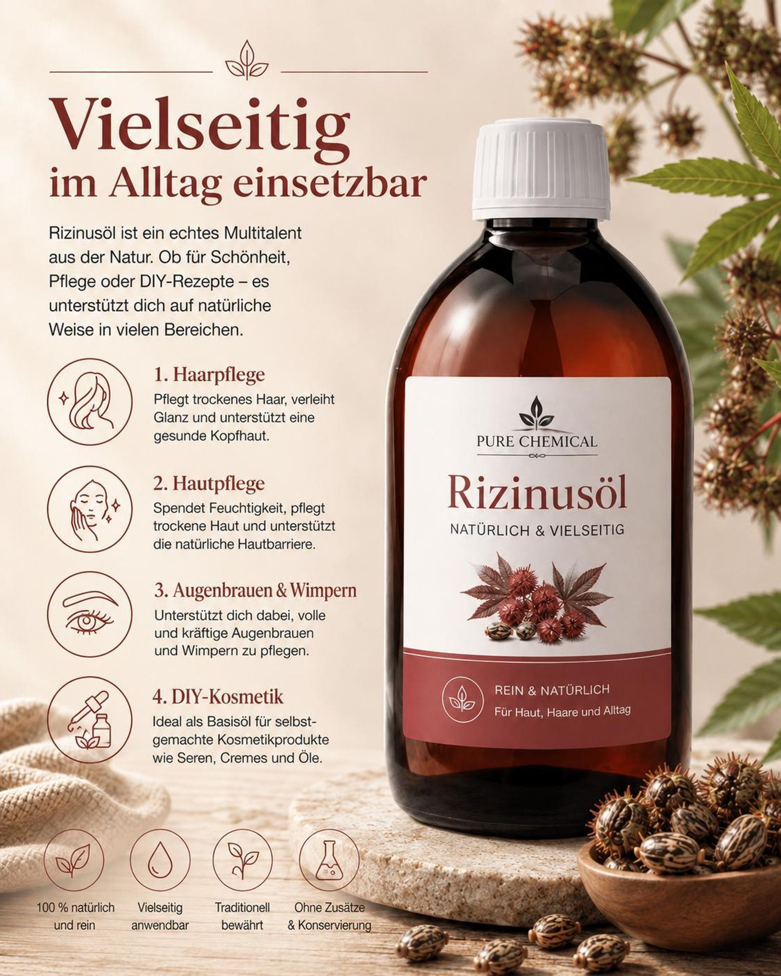 PURE CHEMICAL | Rizinusöl | unraffiniert | kaltgepresst | natürlich aus Indien | 1 L