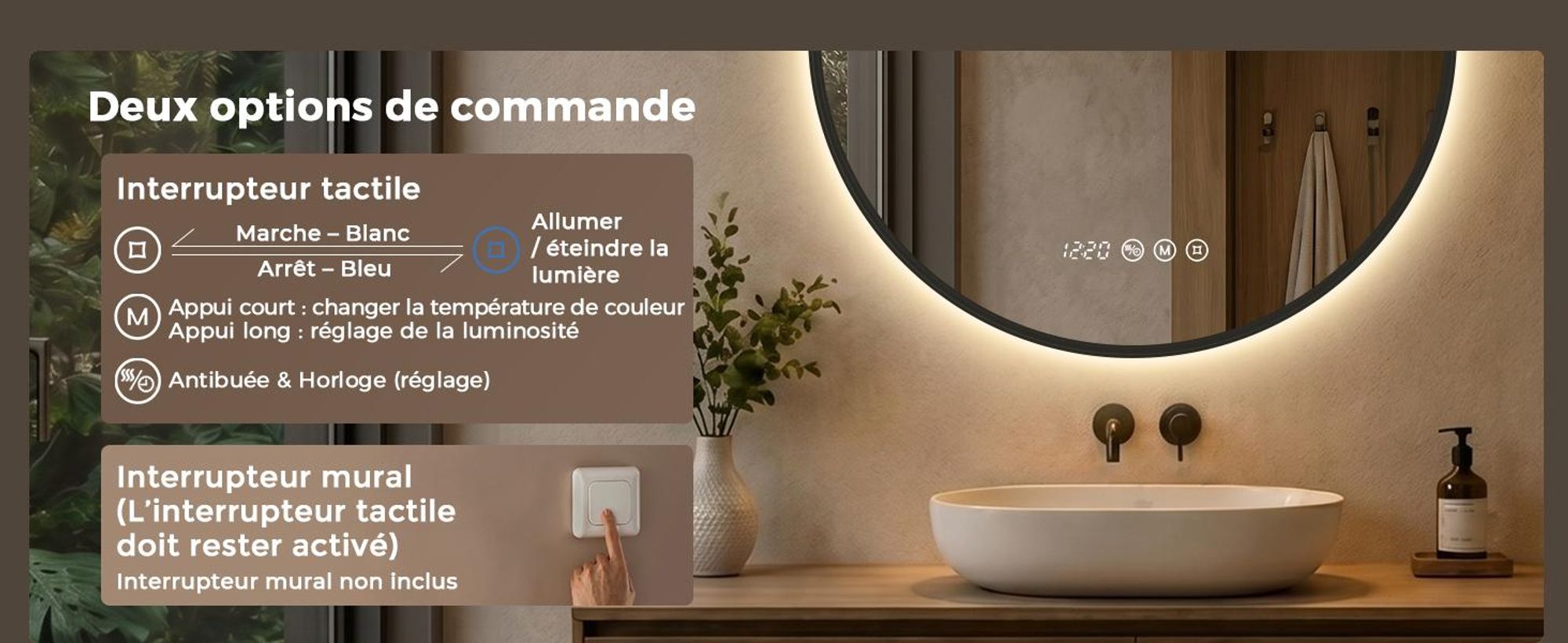 S'AFIELINA Miroir Salle de Bain LED Rond 80 cm avec Éclairage, Cadre Noir, 3 températures de couleur, variateur, antibuée, horloge & température