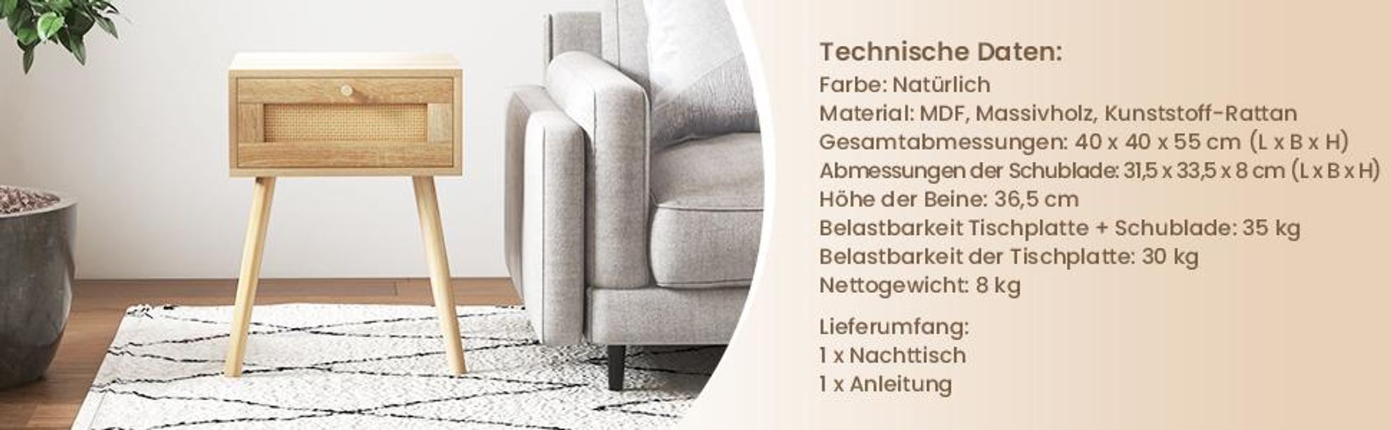 COSTWAY Nachttisch mit Schublade, Beistelltisch mit Rattan-Design, Nachtkommode, Nachtkonsole, Sofatisch für Schlafzimmer, Wohnzimmer, Eiche, 40 x 40 x 55 cm