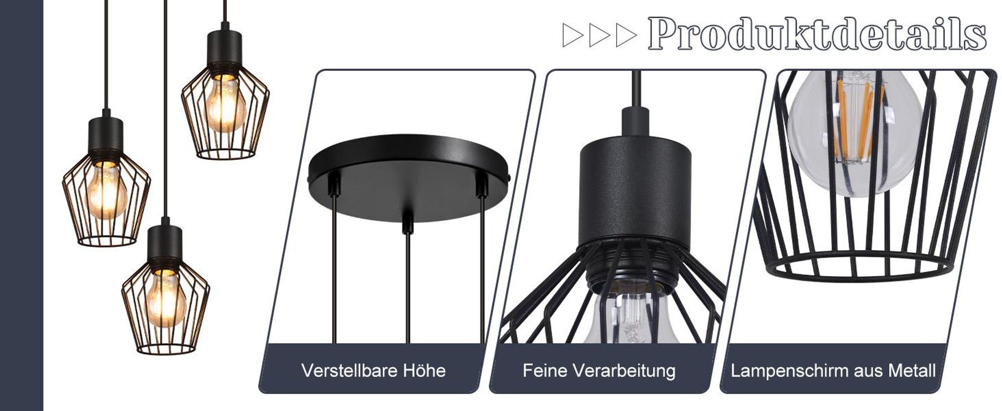 ZMH Pendelleuchte Esstisch Hängeleuchte Schwarz Pendellampe E27 3 Flammig Hängend Lampen Metall Lampenschirm Hängelampe Industrie für Küche
