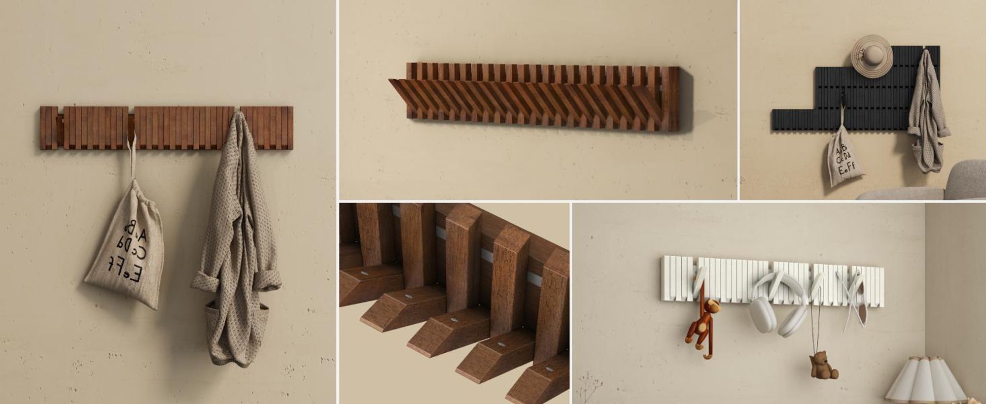 doporro Garderobenhaken Kleiderhaken Wand mit 7 Haken für Jacken, Garderobenleiste für Flur und Garderobe Wandgarderobe aus Holz, Matt Schwarz Twigro-01
