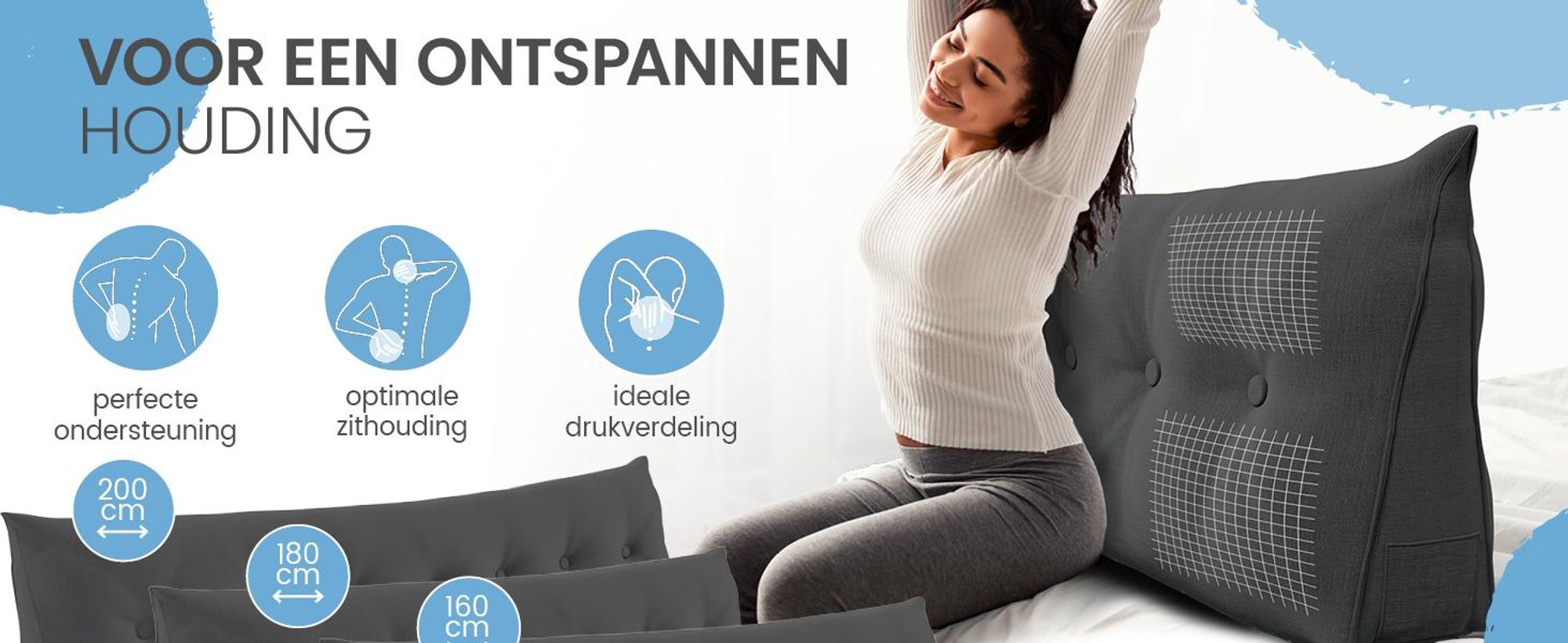 ELONEO rugkussen, 140 cm breed, geschikt als nekkussen voor bed en bank, driehoekig leeskussen, kussen met afneembare en wasbare hoes