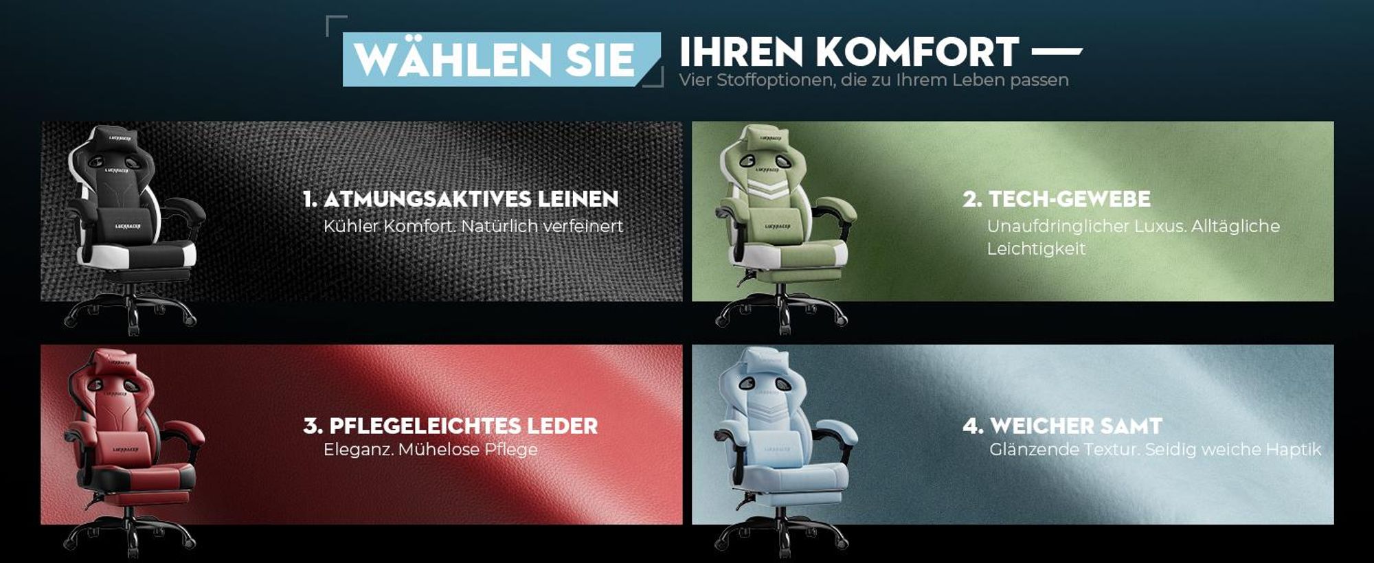 LUCKRACER Gaming Stuhl, Bürostuhl mit verbundenen Armlehnen, Memory-Schaum-Kissen, 90–155° Neigungswinkel und Fußstütze, strapazierfähigem Funktionsge
