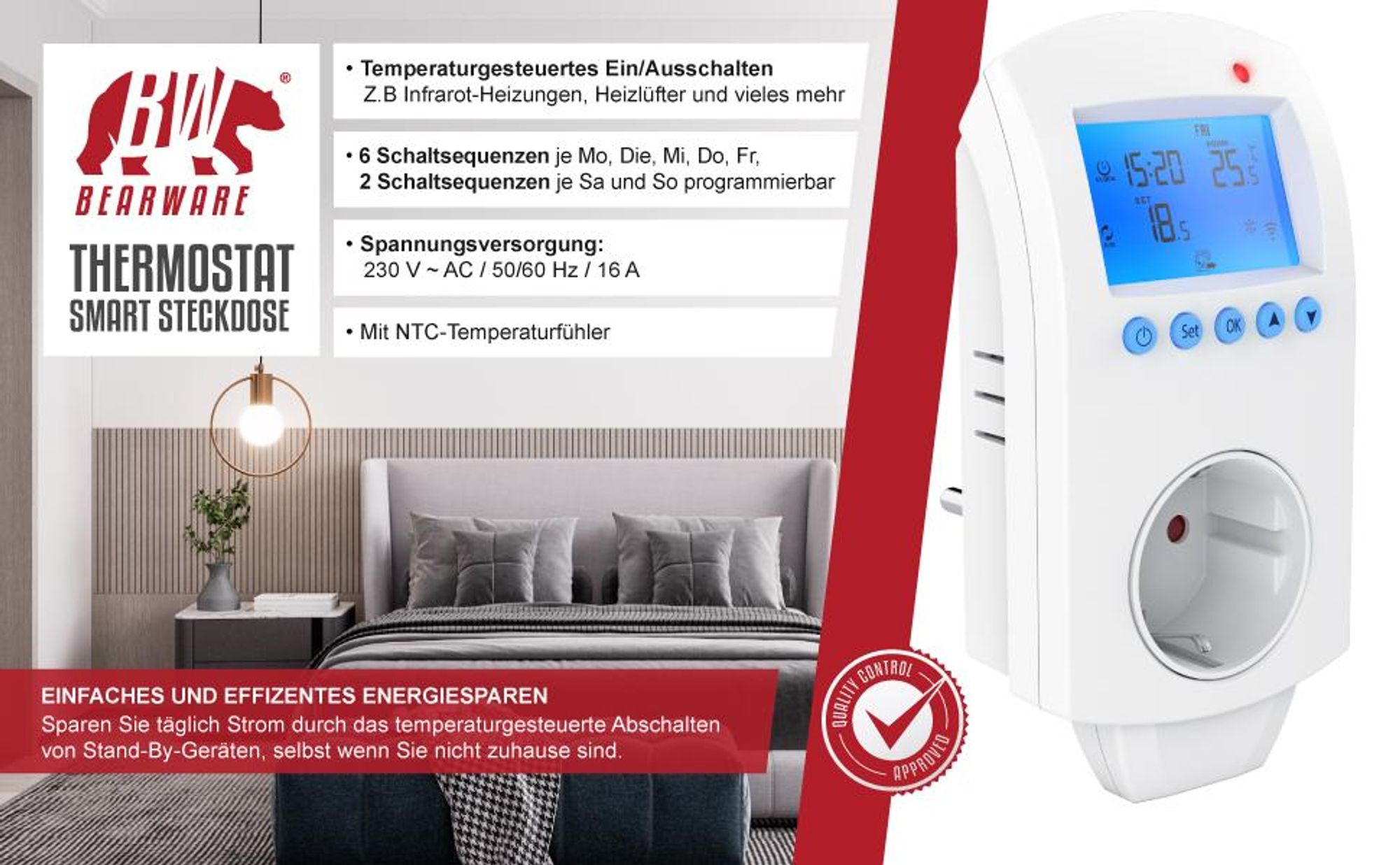 BEARWARE WLAN Thermostat Steckdose - Steckdosenthermostat - WiFi Smart Life, TUYA - für Heizgeräte - mit Share-Funktion - 5°-35°C - kompatibel mit Amazon Alexa, Google Home