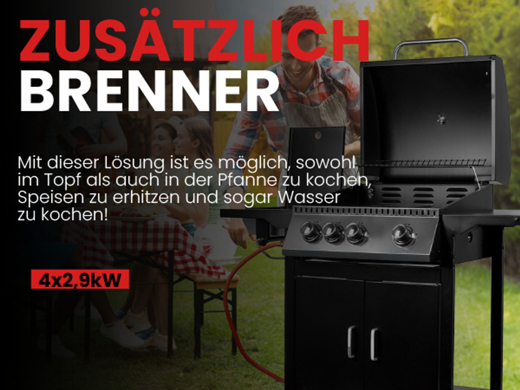 MalTec Gasgrill PartyTogether 3+1 + Schutzhülle, Gartenhaus, Gas, mit Thermometer, mit Rollen, Zusatzbrenner