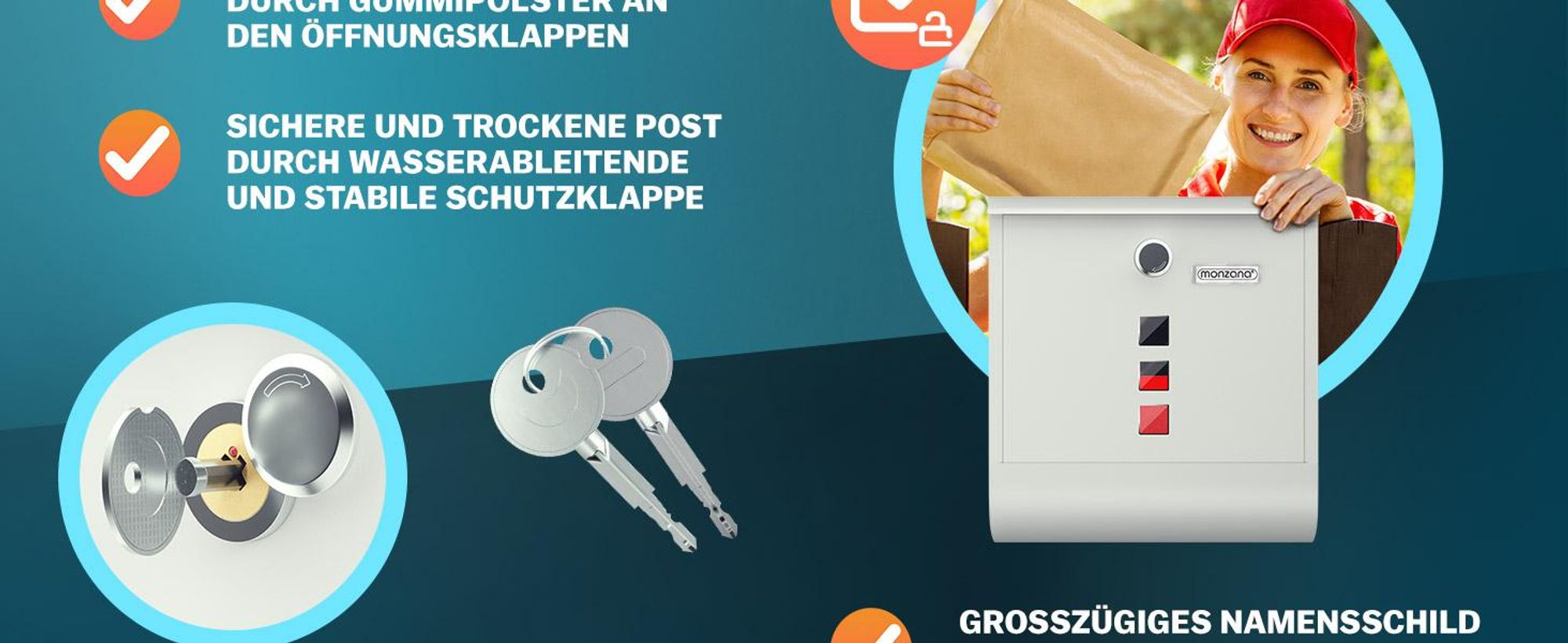 MONZANA® Briefkasten Kreuzschloss mit Kupfer-Schließzylinder drehbare Abdeckung 31x10x34 cm Sichtfenster Namensschild Zeitungsfach einfache Montage legierter Stahl 2 Schlüssel Postkasten Weiß