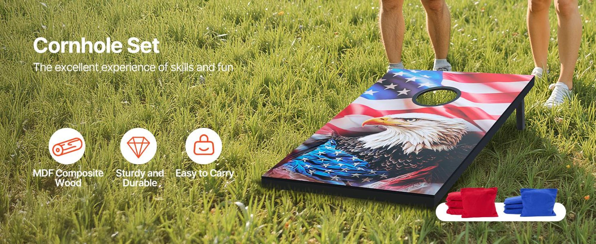 VEVOR Cornhole Spiel Set (920 x 600 x 241 mm) Cornhole-Spielbretter, tragbares Wurfbrett aus MDF-Holz, Cornhole-Spiel für Erwachsene, inkl. 8 Sitzsäcken & Tragetasche, für Garten Hinterhof Strand