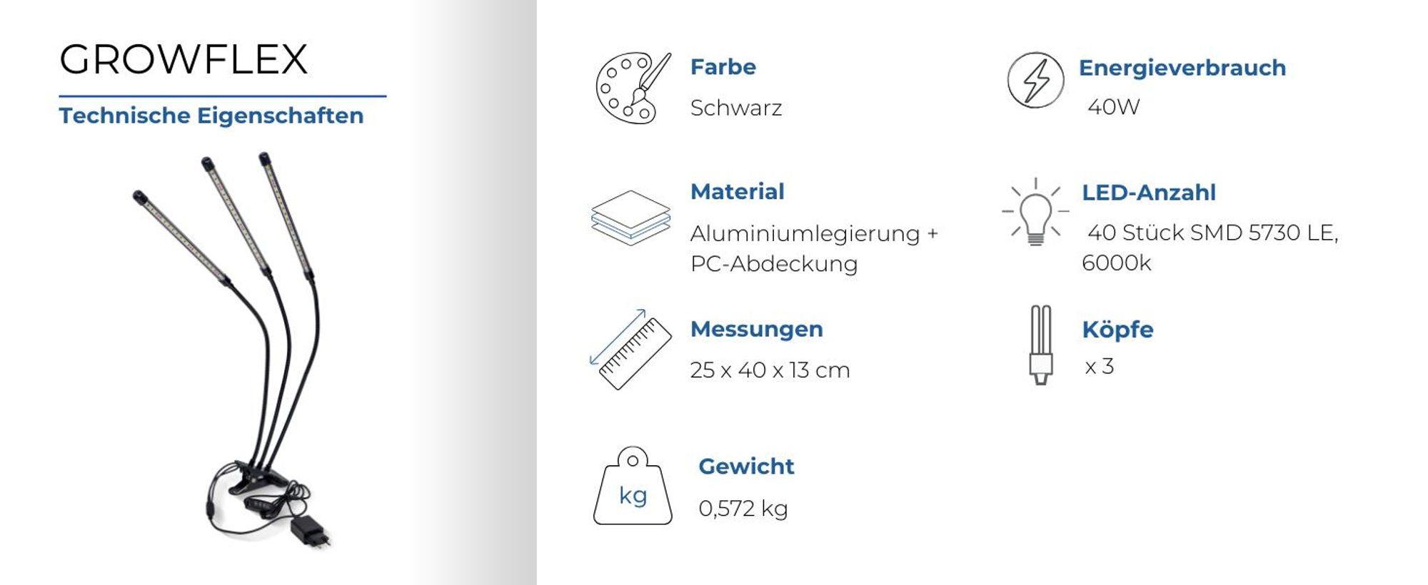 Mobiclinic, Pflanzenlampe, LED, GrowFlex X3, 3 Modi, 6000K, 10 Helligkeitsstufen, 3 Köpfe, Vollspektrum, , Timer, 360° Rotation, 60W, USB, Grow lampe
