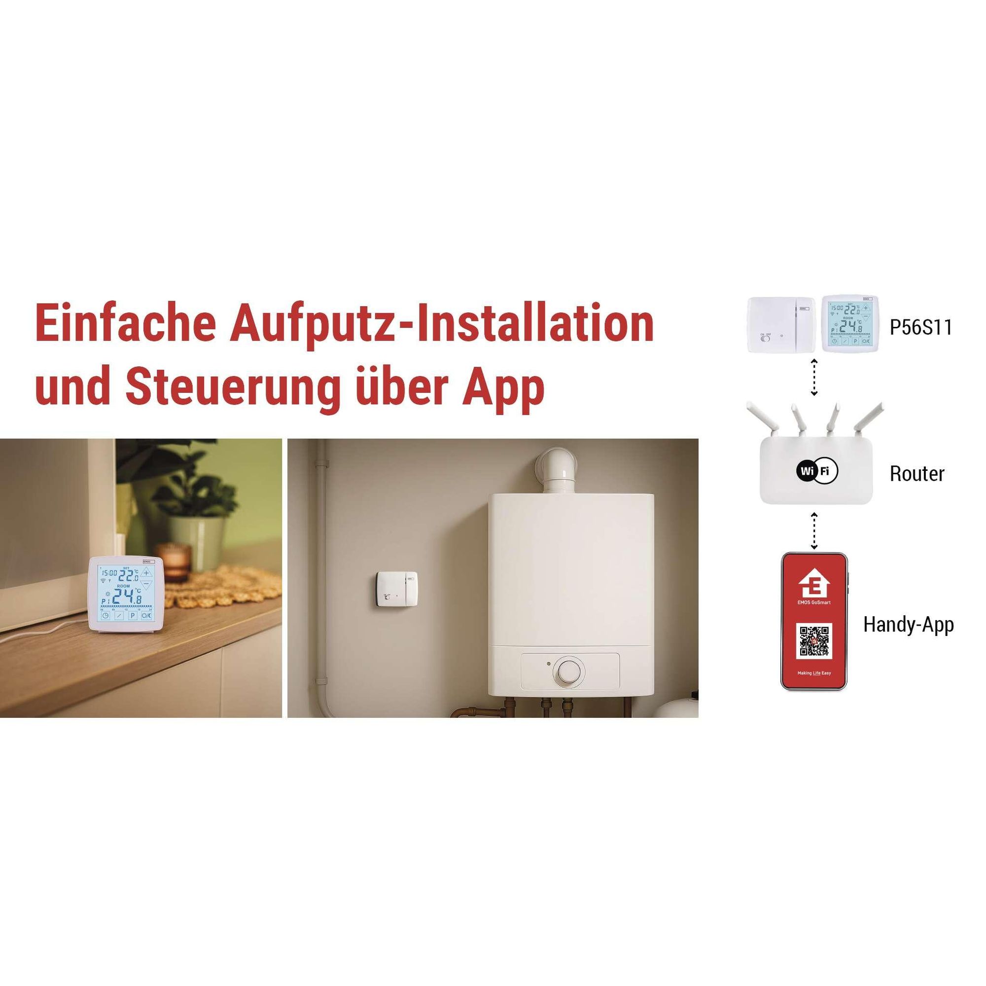 EMOS GoSmart Thermostat mit App, WiFi, OpenTherm, tragbare Steuereinheit mit Touch-Bedienung, Tuya, Smart Life, Google und Alexa kompatibel, P56S11