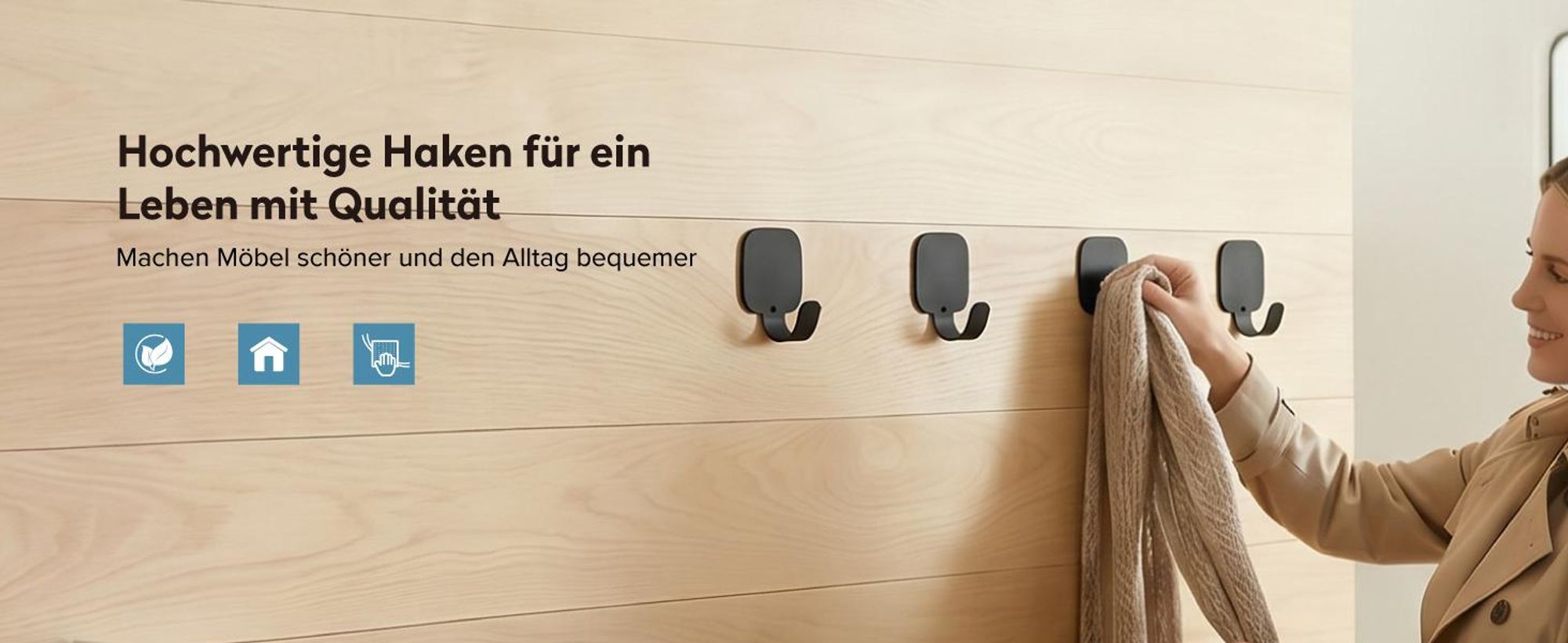 doporro Klebehaken extra stark aus Aluminium, Haken selbstklebend, Wandhaken ohne Bohren, Handtuchhaken für Bad und Küche, 4 Stück, Schwarz, Stalo-15