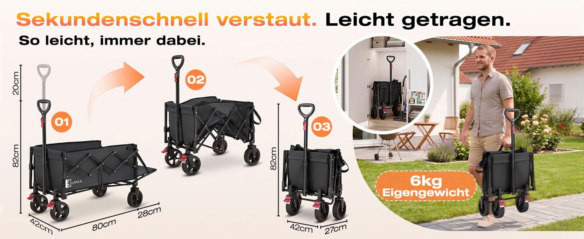 SUNULA Bollerwagen Faltbar mit Erweiterbarer Heckklappe – 80L & 115L Hunde Transportwagen, Schwarz