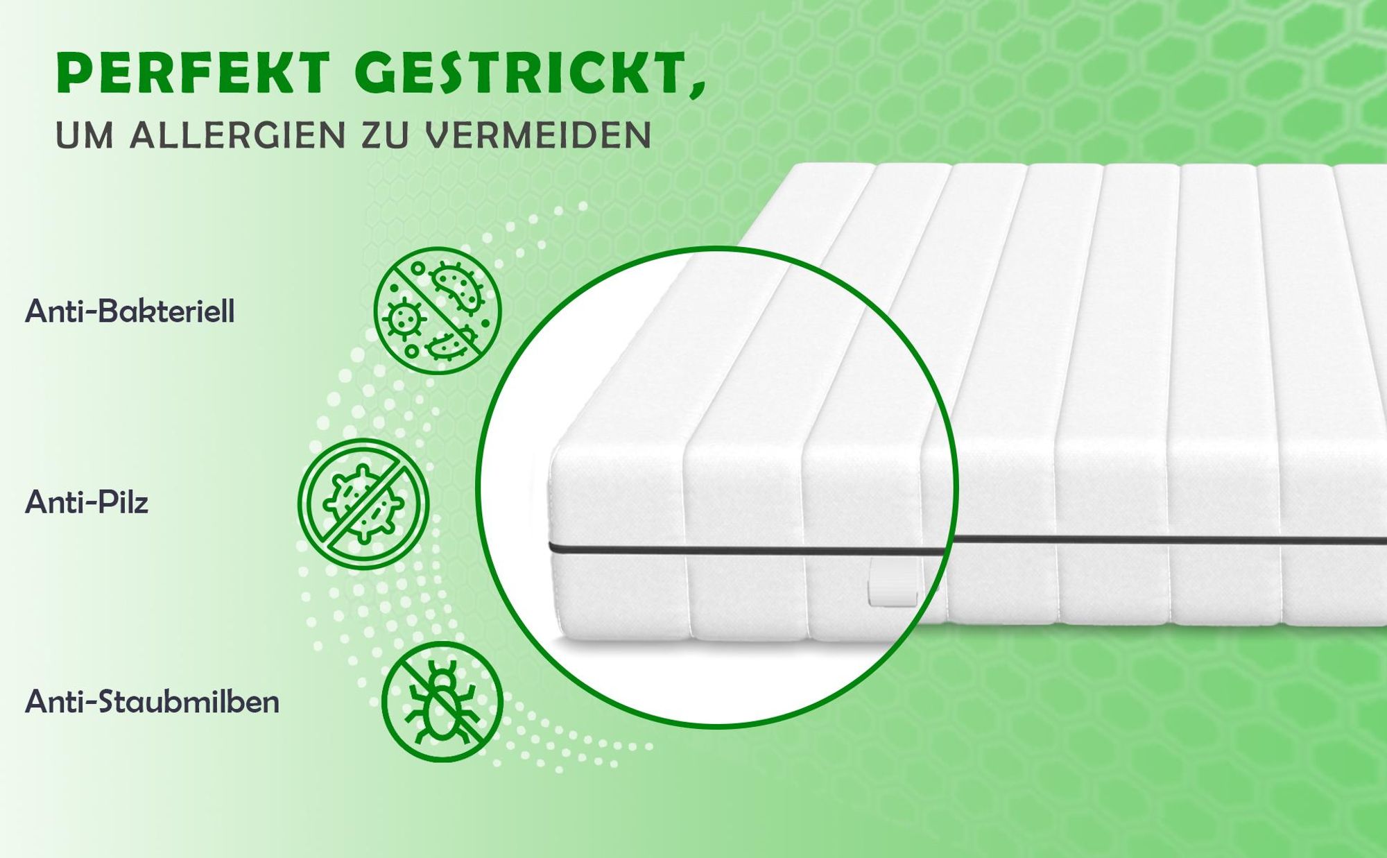 Weiße Matratze mit gestricktem Bezug und Symbolen für Anti-Bakterien, Anti-Pilz und Milbenschutz