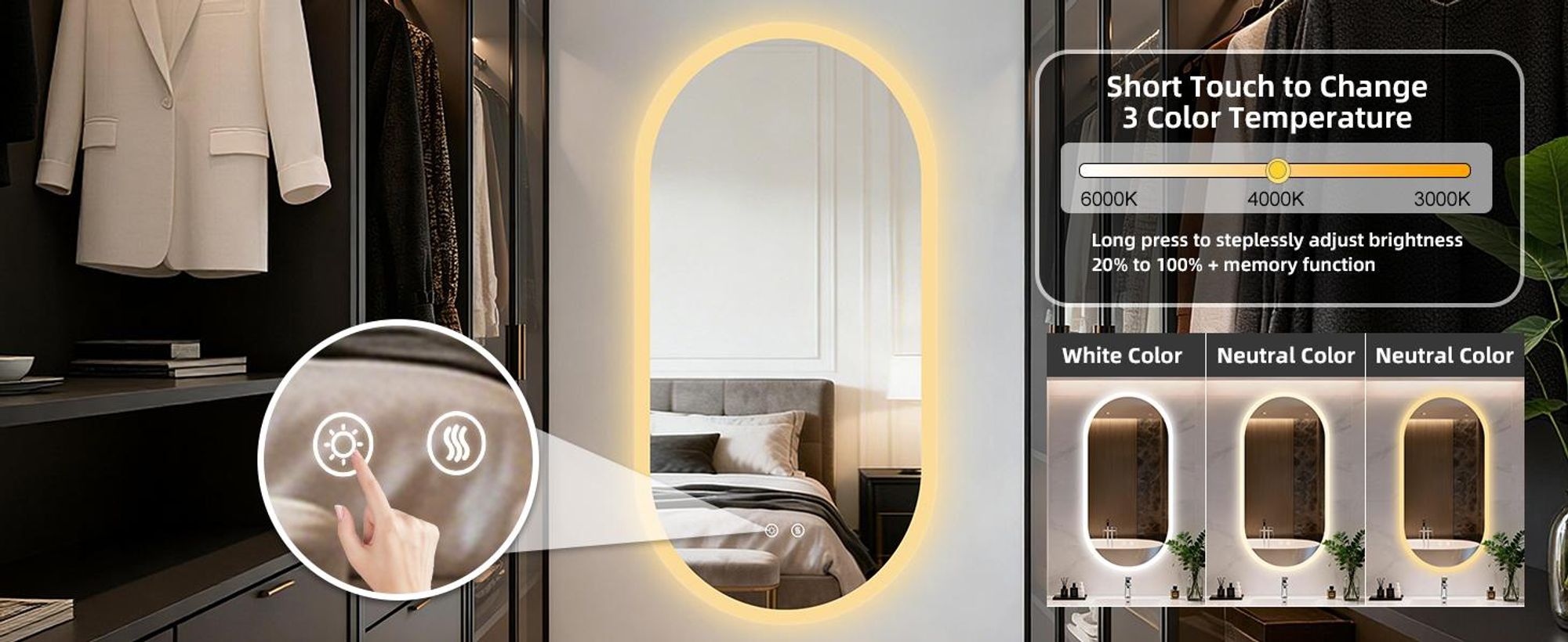 WISFOR LED Badezimmerspiegel Oval 60x120cm, Ovaler Wandspiegel mit Beschlagfrei, Touchschalter, IP66