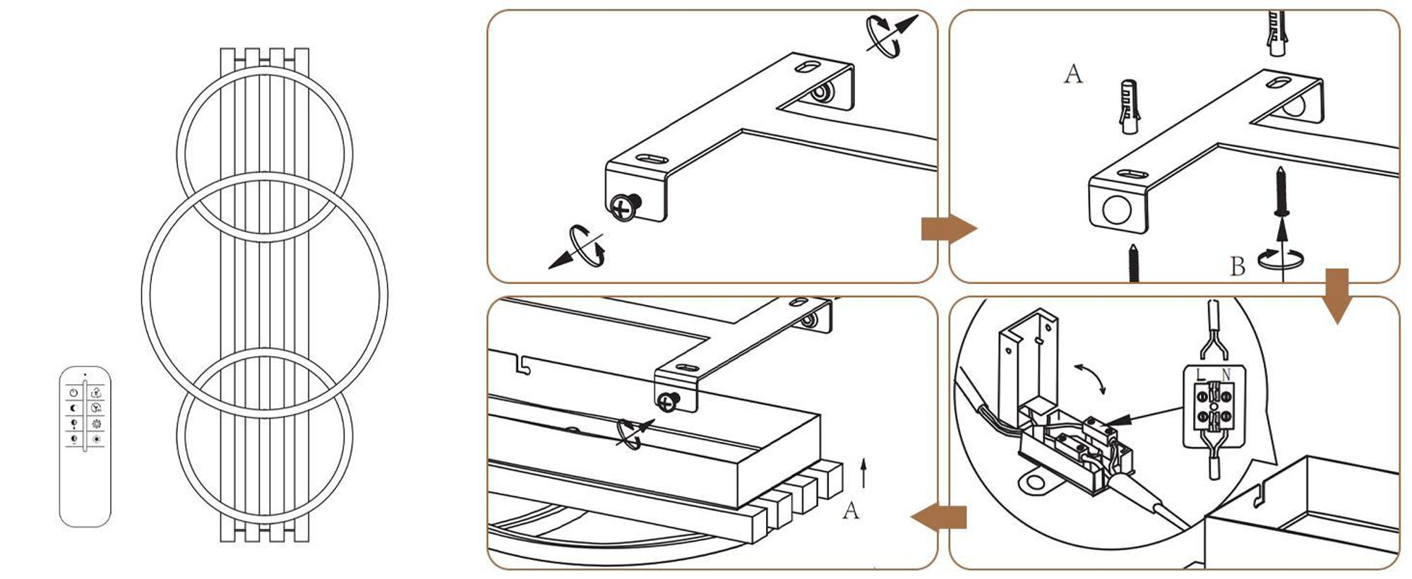 ZMH LED stropné svietidlo s možnosťou stmievania, drevené stropné svietidlo s diaľkovým ovládaním, 70 cm, 46 W, obývačkové svietidlo, stropné svietidlo s 3 krúžkami, čierne stropné svietidlo do spálne