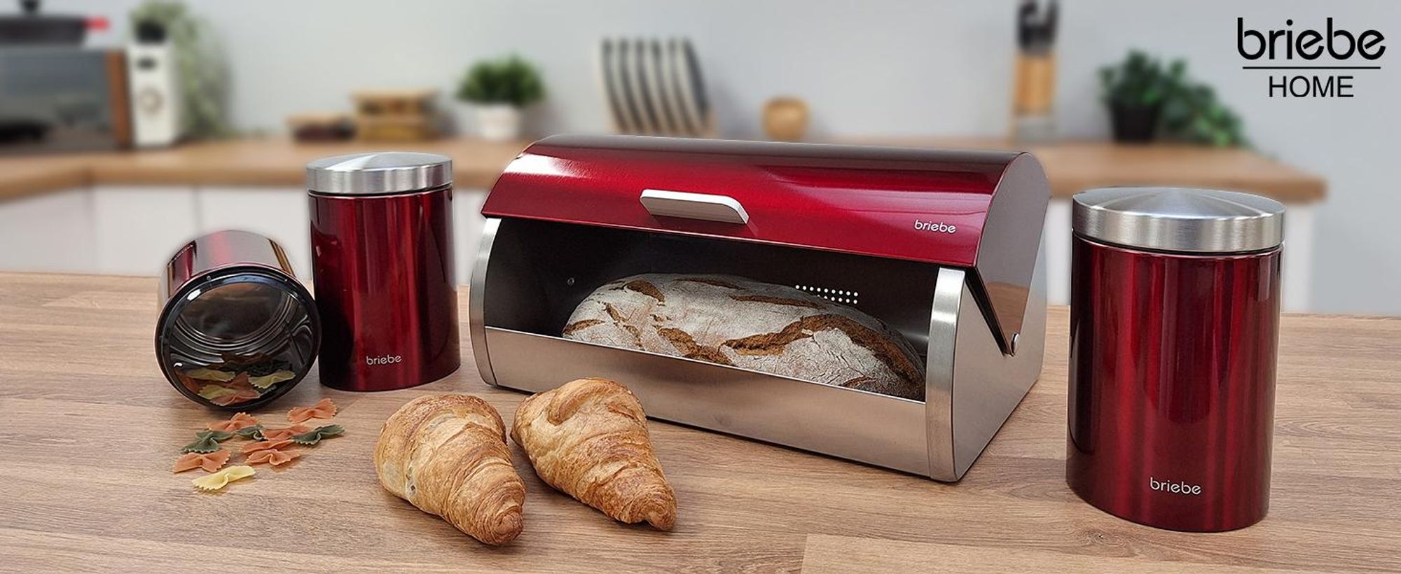 Briebe BB1161 Set aus Brotkasten +3 Küchenvorratsdosen aus Robustem Edelstahl Modernes Design Rot/Edelstahl