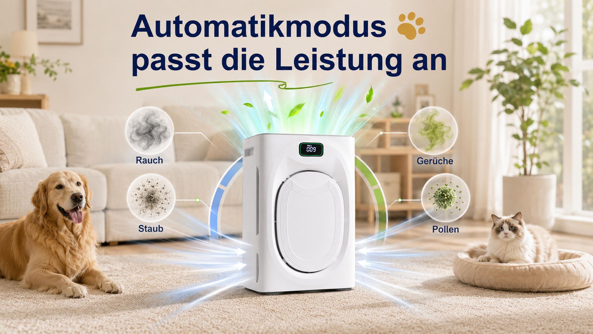 Luftreiniger Allergiker & Tierhalter, HEPA H13 + Aktivkohle+Waschbarer Filter, 25dB, CADR 350m³/h, PM2.5 Display, gegen Pollen/Staub/Tierhaare/Gerüche