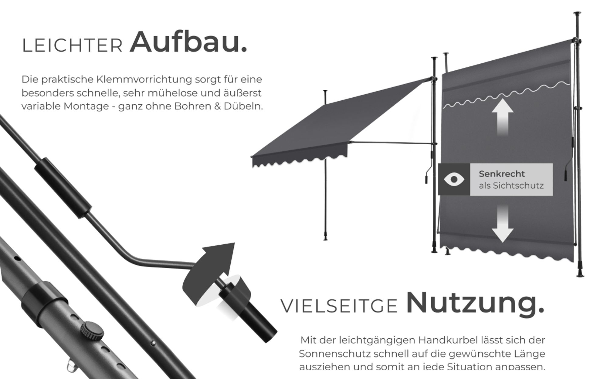 tectake® Klemmmarkise mit Handkurbel einfache Montage