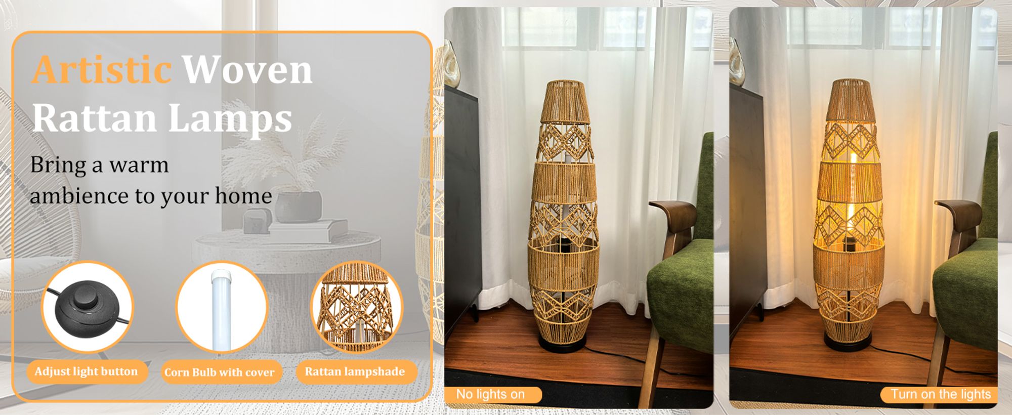 WISFOR Stehlampe Stehleuchte Vintage Bodenleuchte Rattan Boho Stehlampe Fußschalter 3 Lichtfarbe Standleuchte Standlampe 2700k/4500k/6500k 1400lm 35m²