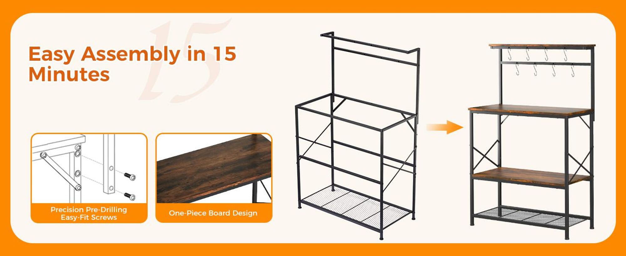 COMHOMA Scaffale, scaffale da cucina, scaffale in piedi, scaffale per microonde da cucina, portaspezie, scaffale per libri con protezione antiribaltamento, con 4 ripiani, 8 ganci a S