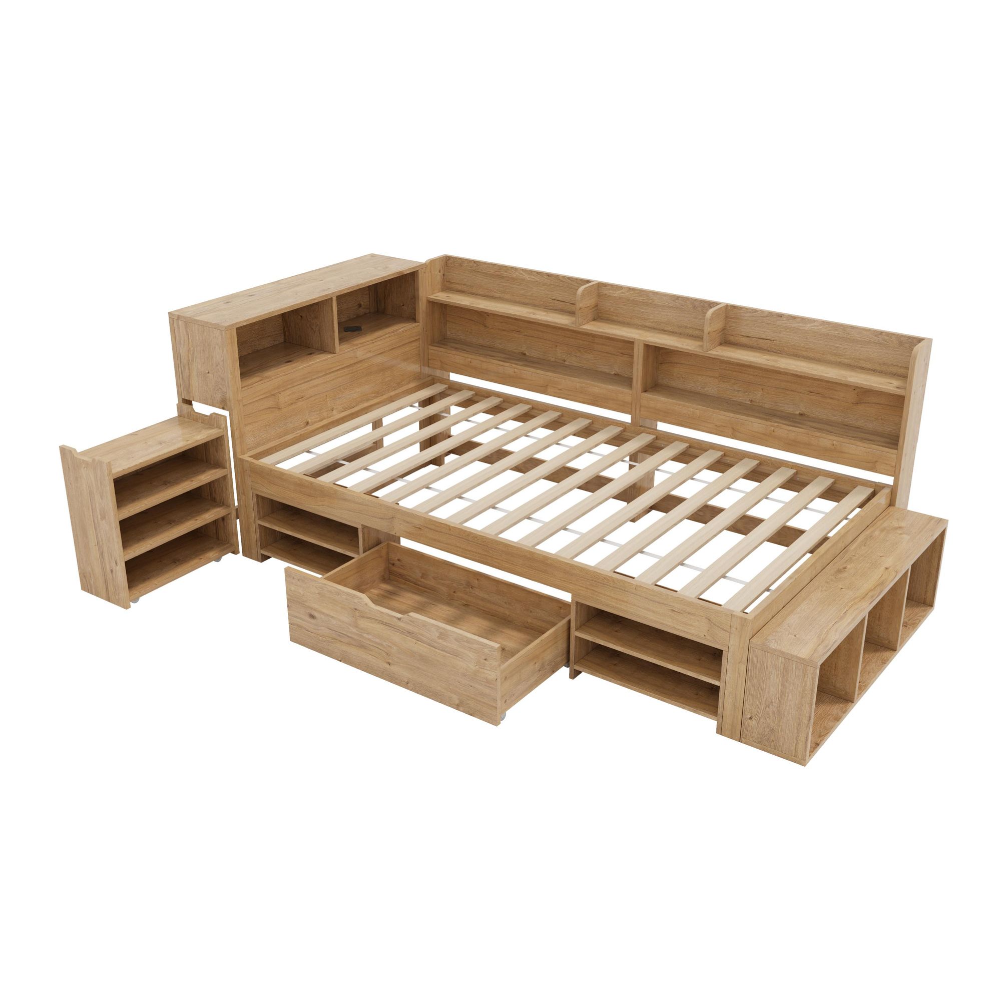 Flieks Jugendbett 90x200cm mit Ladefunktion, Kinderbett Tagesbett Einzelbett mit Schublade,  Ausziehbarem Nachttisch und Regal, Klassisches Bett