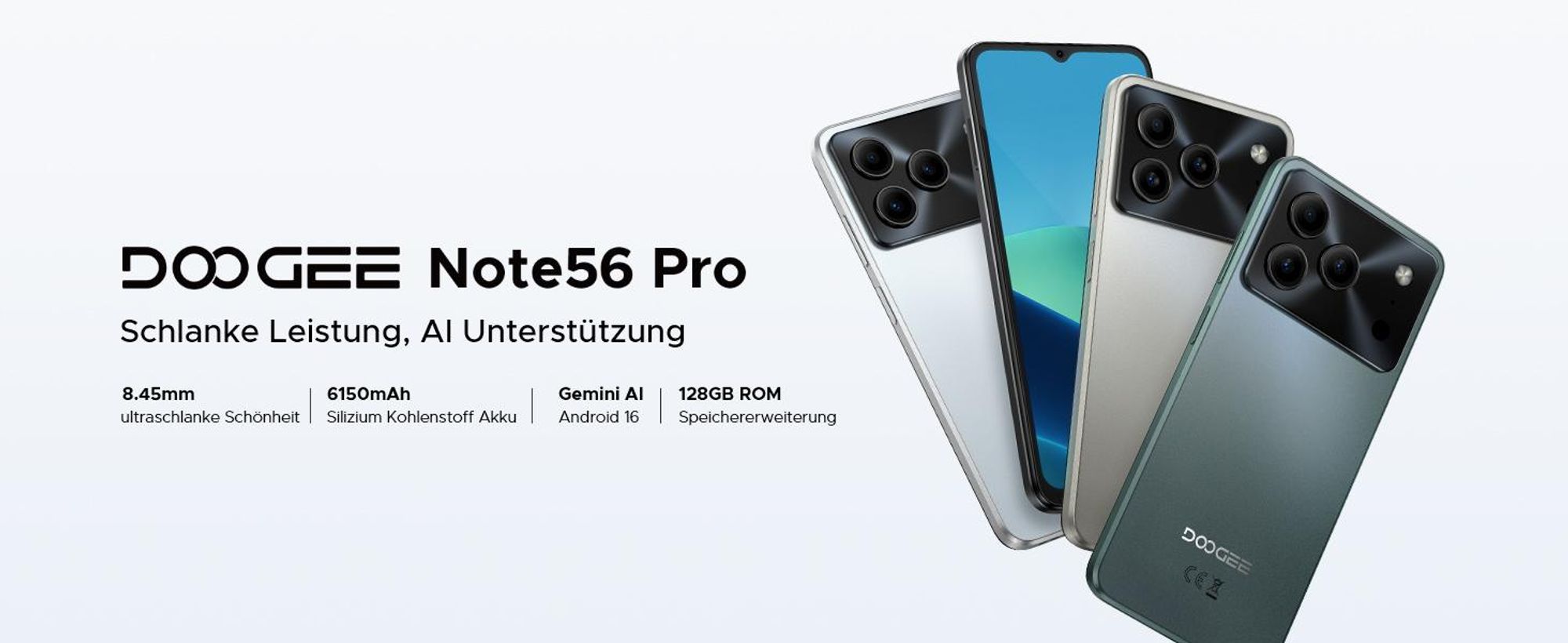DOOGEE Note56 Pro Smartphone Handy, Android 16, 6,56" 90Hz, 6150mAh Akku, 32GB RAM+128GB ROM, 4G Dual-SIM, 13MP, NFC, Fingerabdruck, Gesichtserkennung