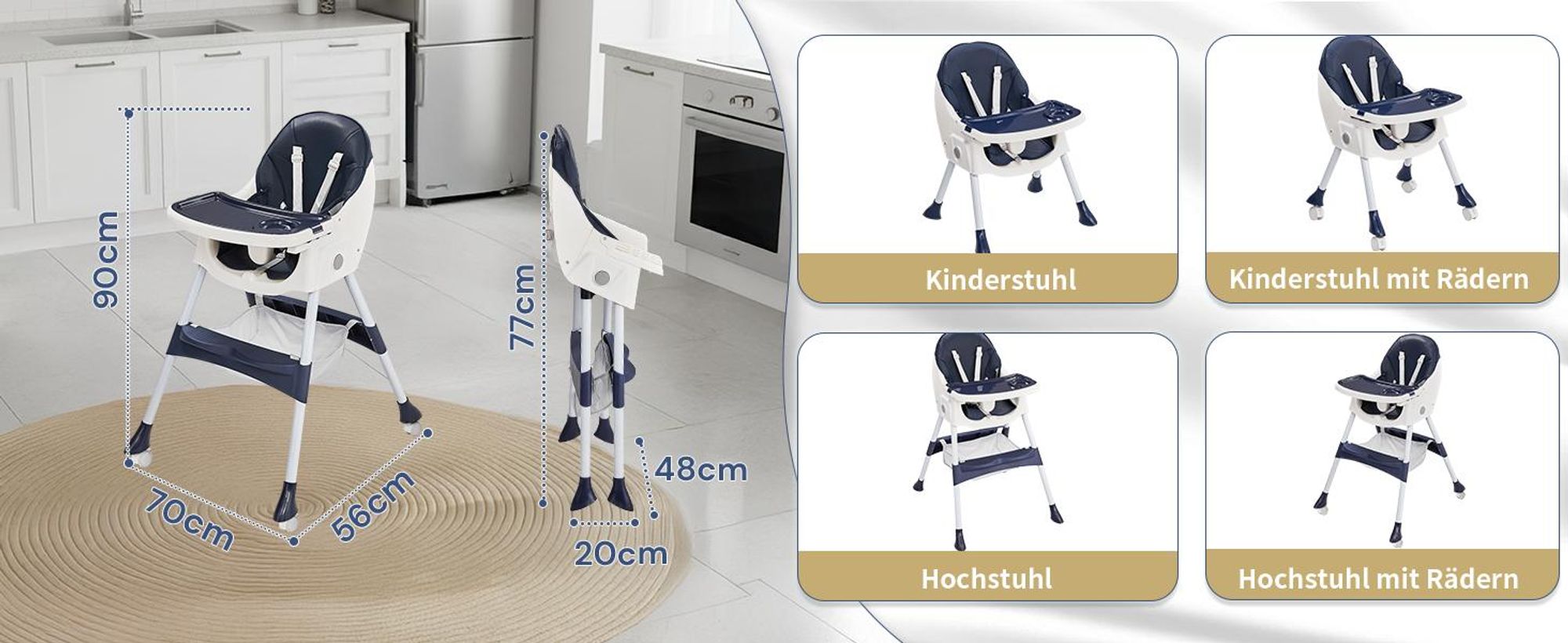 FCH Hochstuhl Baby 2-in-1 Vertehllbar und Klappbar Kinderhochstuhl mitwachsend Kindersitz Kinderstuhl mit Sicherheitsgurt ,Blau