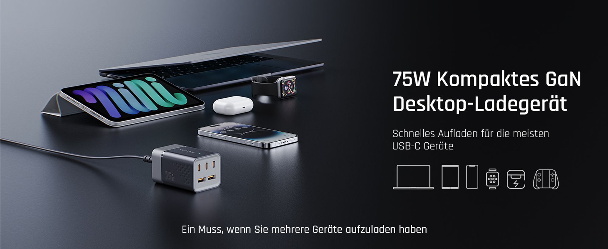 75W GaN3 USB-C Ladegerät, VITO Go EzTravel Desktop Charger , PD3.0 5-Port Mehrfach Schnellladegerät 3xUSB-C + 2xUSB