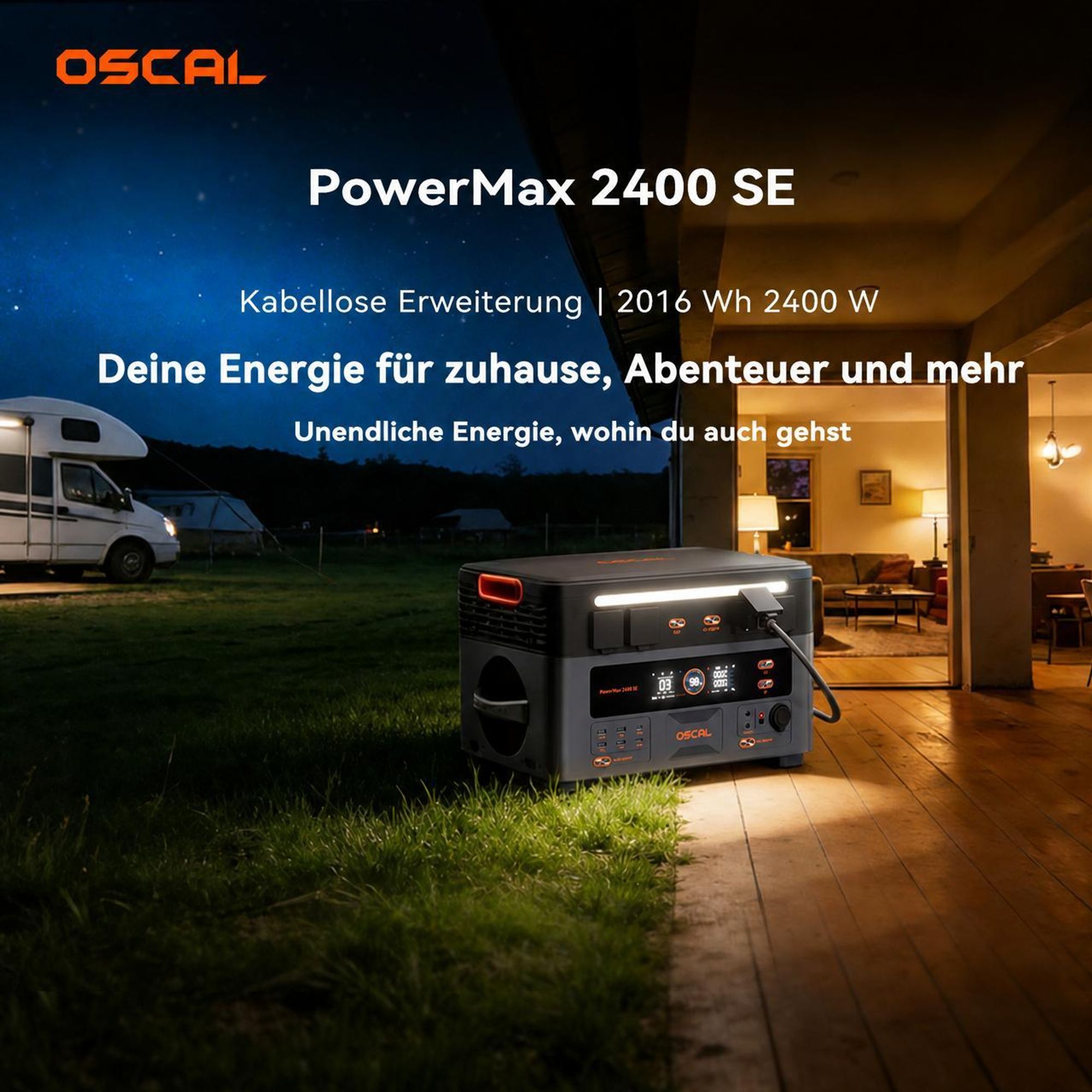 OSCAL PowerMax 2400 SE Trennbare Solarspeicher 2400W Powerstation mit Stereo, Microinverter + PM400Pro Faltbares Solarpanel 400W Mobile Solaranlage
