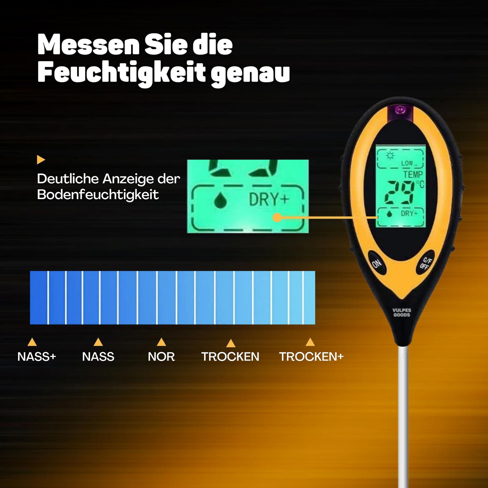 Vulpes Goods Bodenfeuchtigkeitsmessgerät, Für Pflanzen, 4-in-1, Thermo- und Feuchtigkeitsmesser, Innen und Außen, pH Licht, Boden testen, Mit Batterie